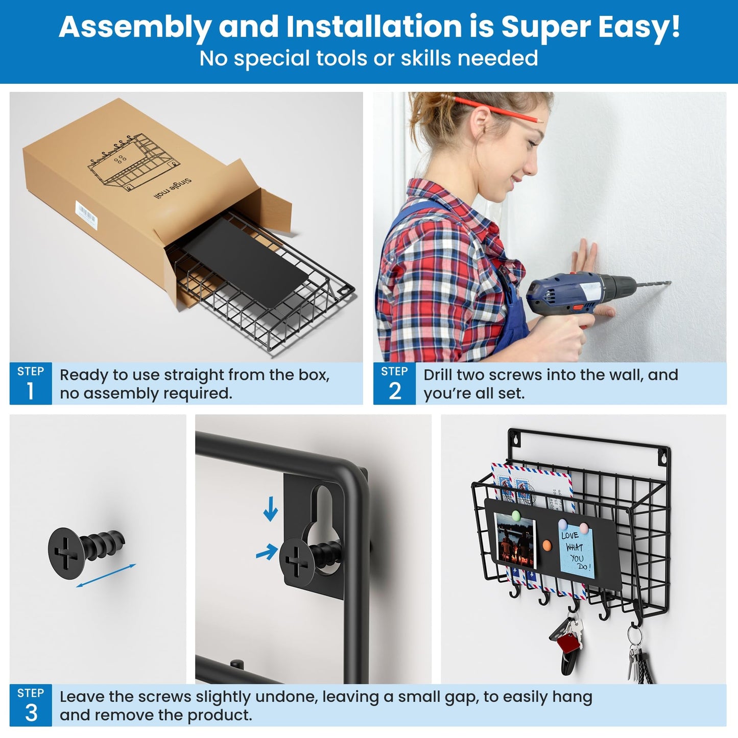 Baeymonkay Easy Assembly and Installation Iron Key Holder Wall Mount, Mail Organizer for Wall, Matte Black Finish, Extra Large Storage Space for Mail, Mail Holder Features 5 Hooks, Key Rack Hanger