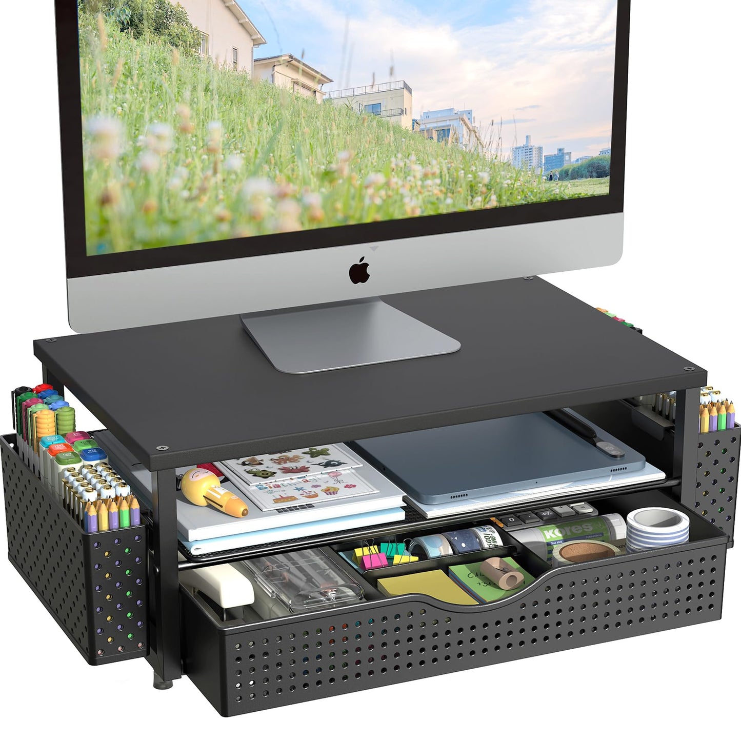 Spacrea Desk Organizer and Accessories, Computer Monitor Stand Riser with Drawer and 2 Pen Holders, Office Desk Accessories & Workspace Organizers for Office Supplies (Black)