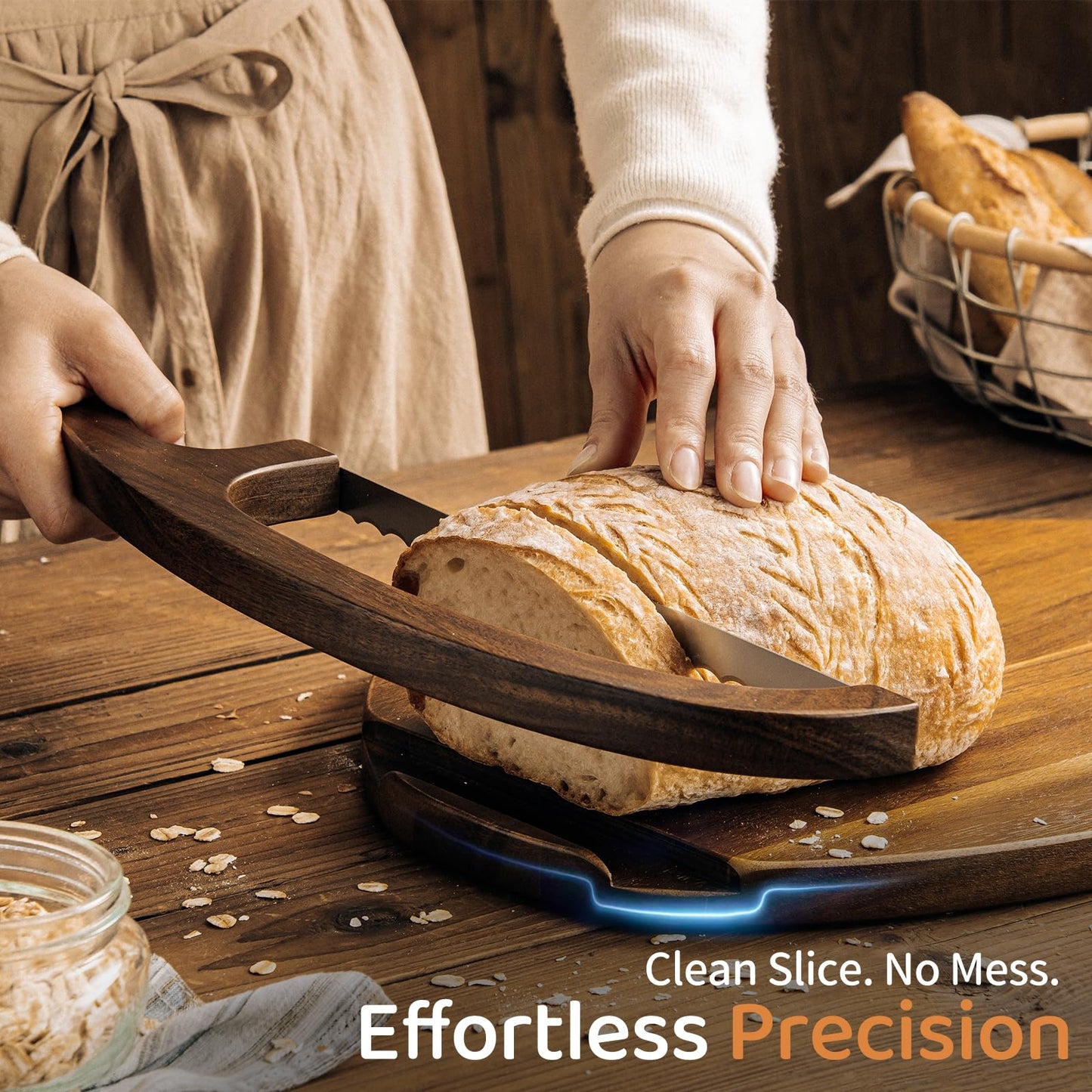 Sourdough Bread Slicer & Bow Knife Set - High Arch Bread Cutter for Homemade Bread - Heavy Duty Wooden Cutting Board with Deep Groove for Hard Crusts - Magnetic Design, Unique Sourdough Shape