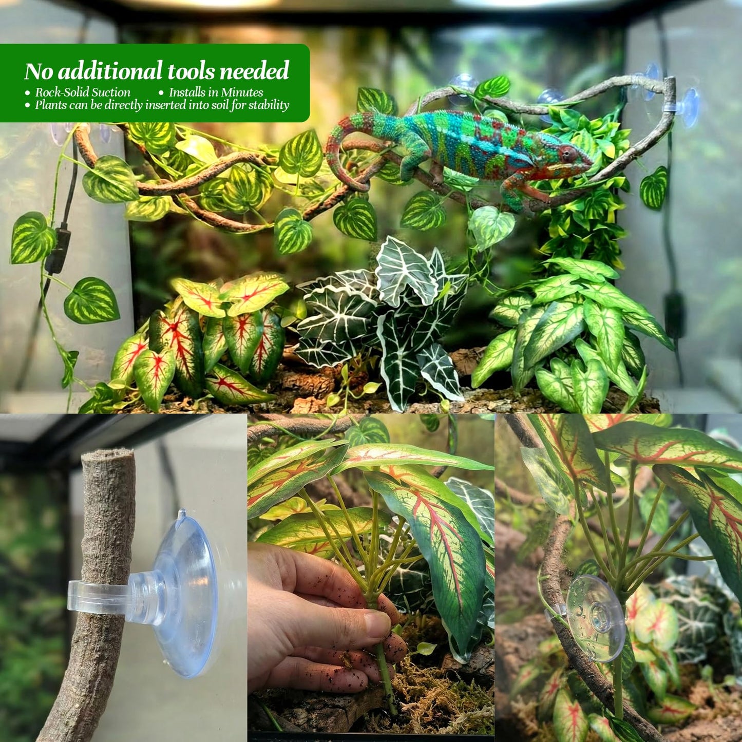 5 Pcs Reptile Plants & Habitat Decor Kit - 3 Artificial Plants & Large 3.3ft Jungle Vine Branch, TTerrarium Hanging Plants Vines for Crested Gecko, Leopard,Bearded Dragon, Lizard,Chameleon,Ball Python