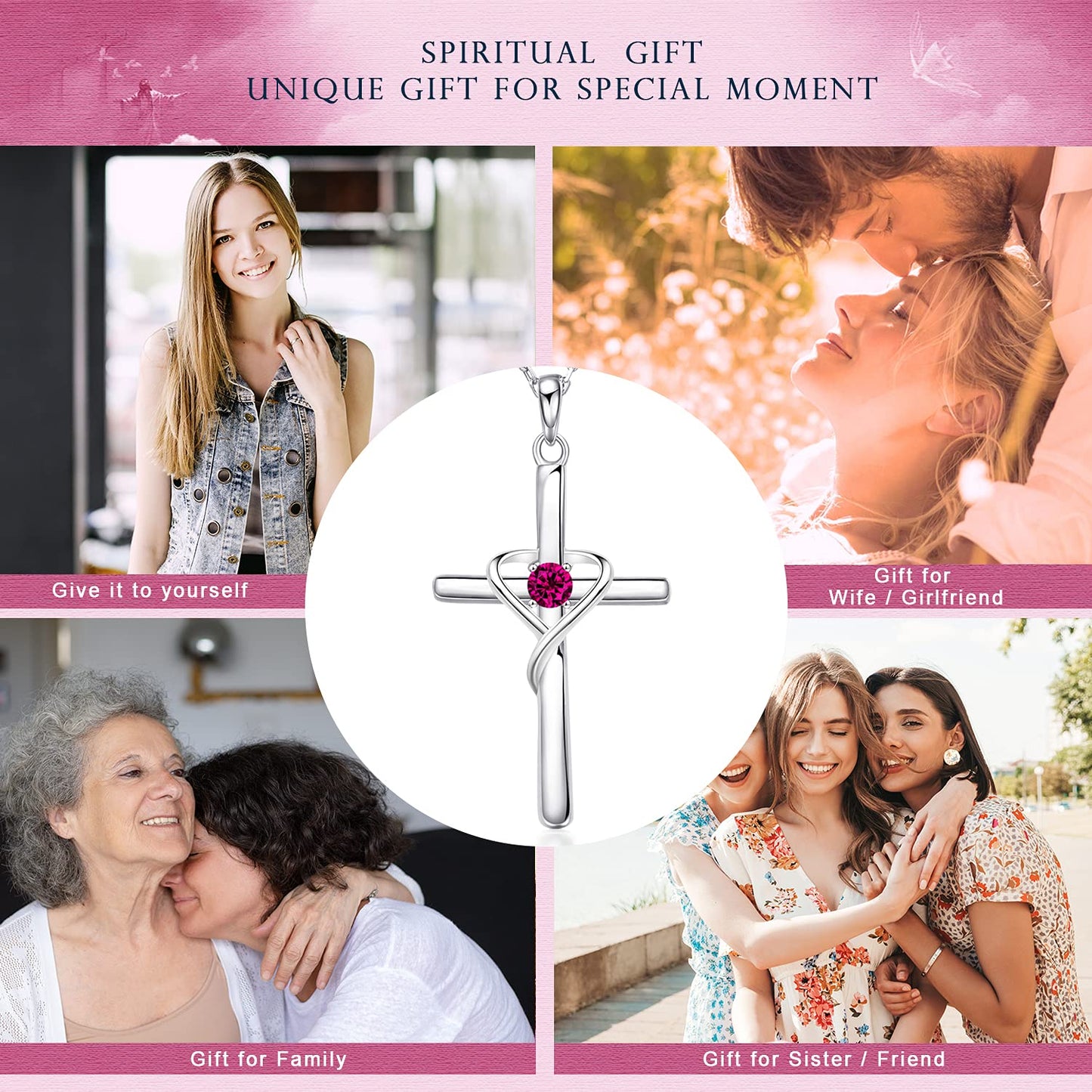 AmorAime 925 Sterling Silver Cross Necklace for Women Men 14K Gold Plated 5A CZ Birthstone Necklaces for Holiday (G.Dark Red-July-Ruby)