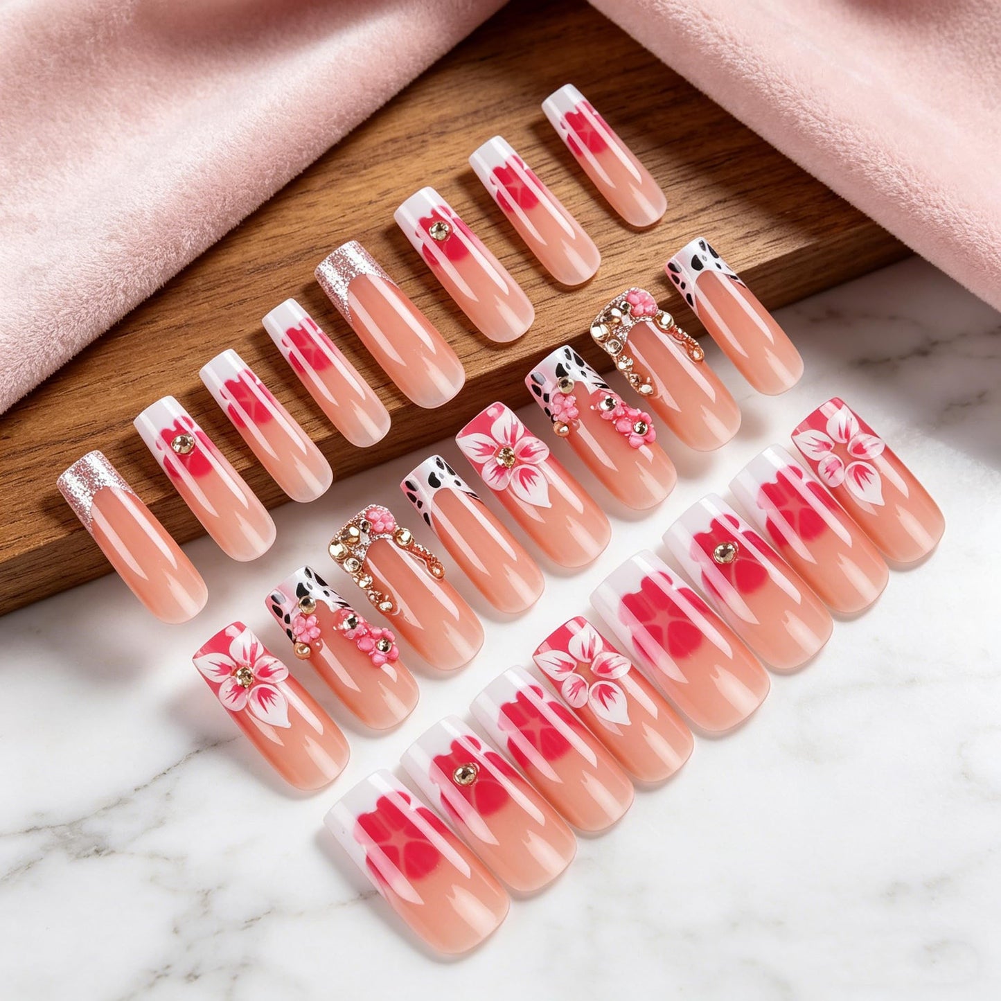 BABALAL Pink 3D Flower Press On Nails, Medium Long Square Fake Nails with Rhinestone & Cow Print, Glossy Acrylic Full Cover Stick On Nails for Women 24Pcs