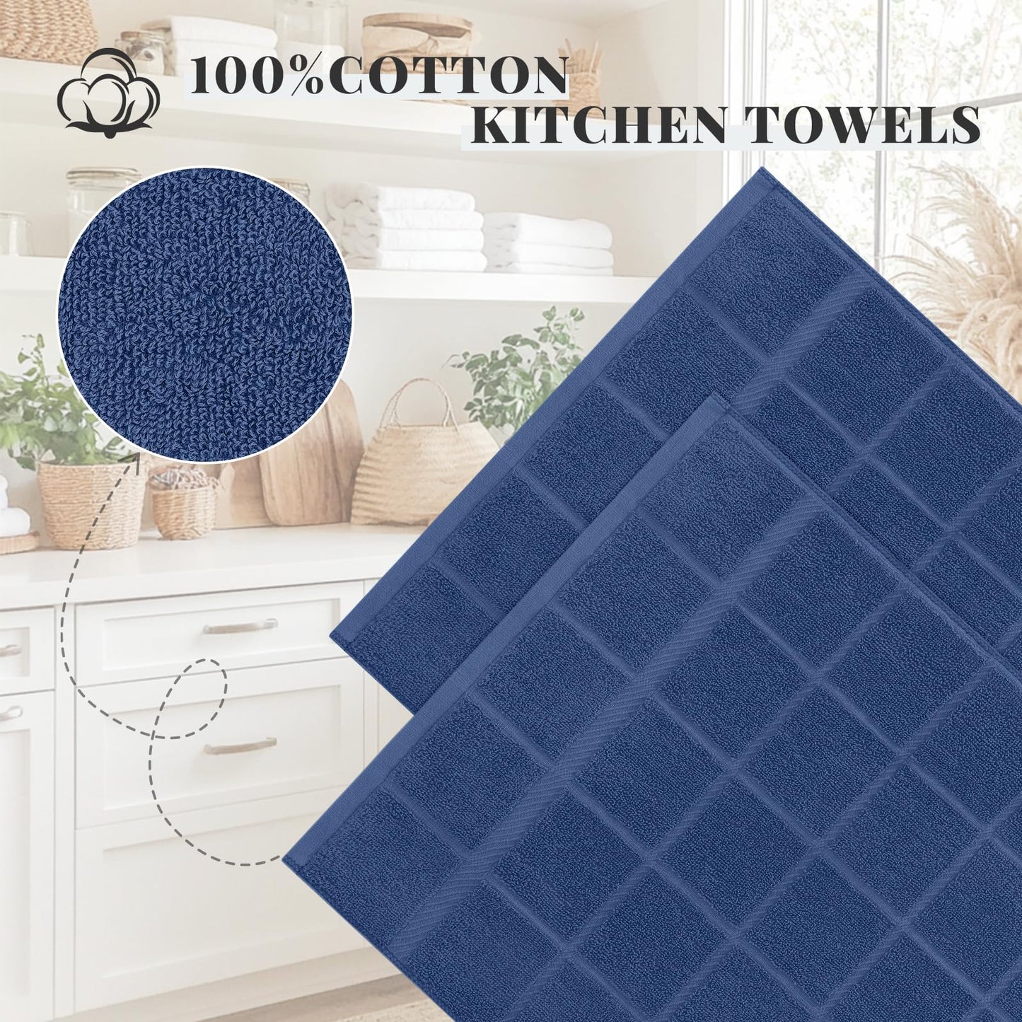 Homaxy Premium Kitchen Towels 18"x28", 6 Pack Large Cotton 380 GSM Dish Towels, Soft and Absorbent Kitchen Hand Towels with Terry Grid Design, Utility Tea Towel Set with Hanging Loop, Navy Blue