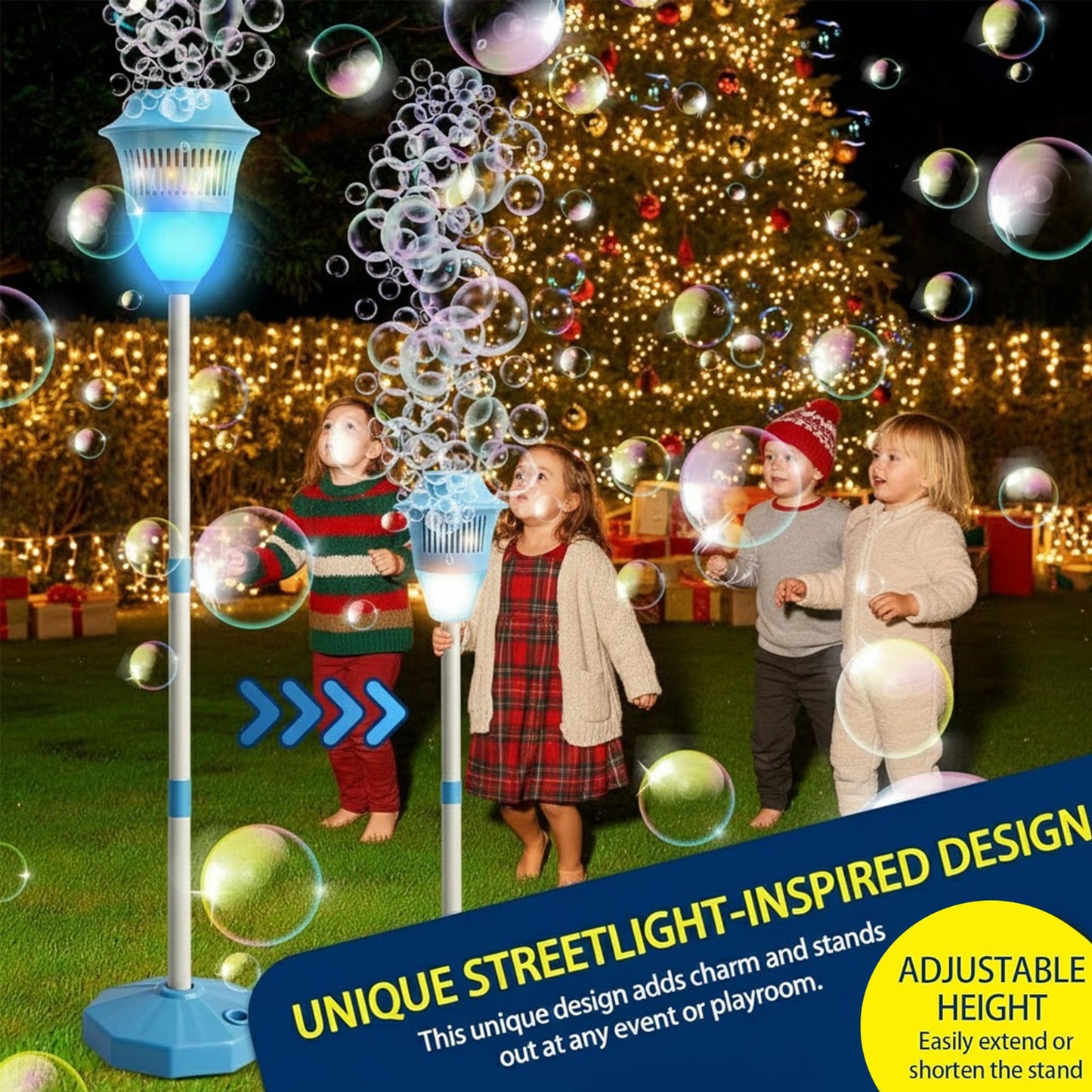 ROHSCE Automatic Bubble Machine with LED Lights & Music, Tall Rechargeable Bubble Maker for Kids, Adjustable Height 47 Inches Outdoor Bubble Stand Machine for Birthday Party, Wedding, Garden, Camping