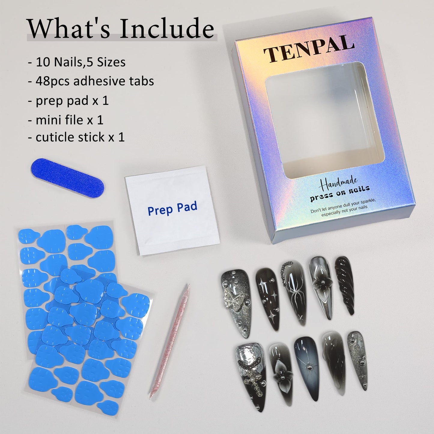 TENPAL 10Pcs Luxury Press On Nails Long Stiletto,Full Cover Crystal Glitter Fake Nail Set with Tools,Reusable Bride Wedding Nails for Bridal Party Bachelorette,Statement Making Glamorous Nail(XS)