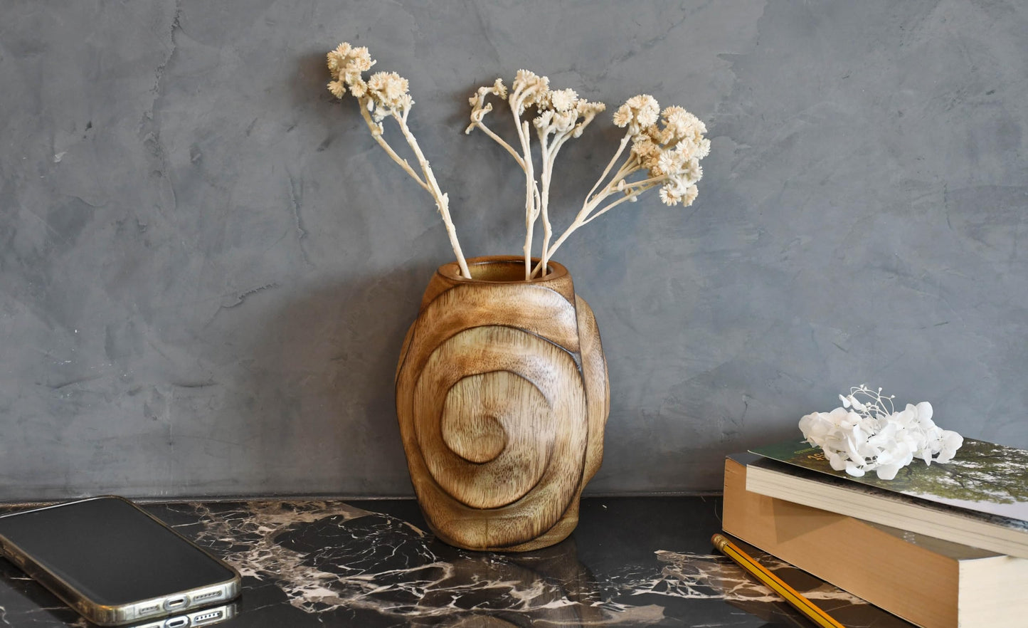 AeraVida Hand Carved Spiral Mango Tree Wood Vase Brown Decorative Tabletop Vase 6.25 Inch Rustic Wooden Dry Flower Vase for Home Decor Living Room Accent