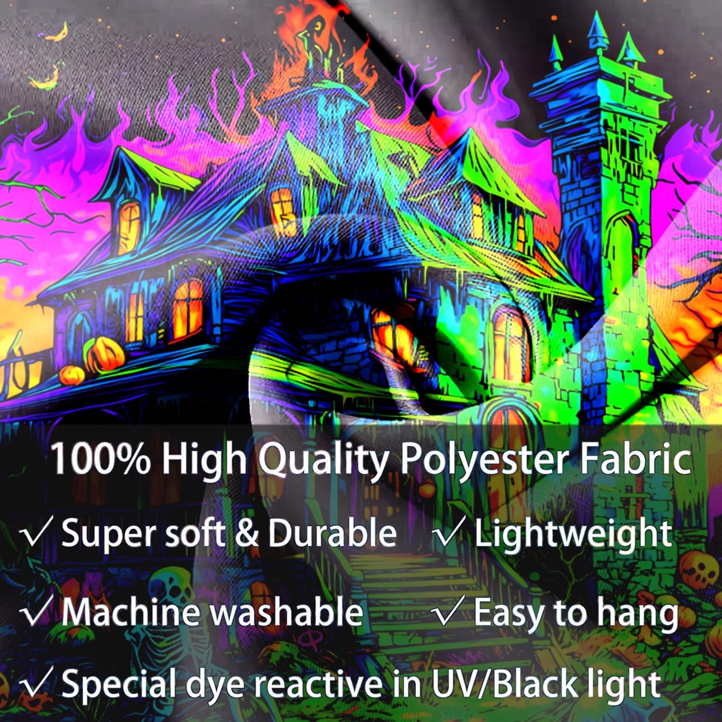 BSFHH Black Light Tapestry – UV Reactive Glow in the Dark Wall Hanging, Spooky Night Scene with Ghosts & Pumpkins, Haunting Home Decor for Parties, Bedroom, or Dorm (Ghost House, 90L x 70W, Unframed)