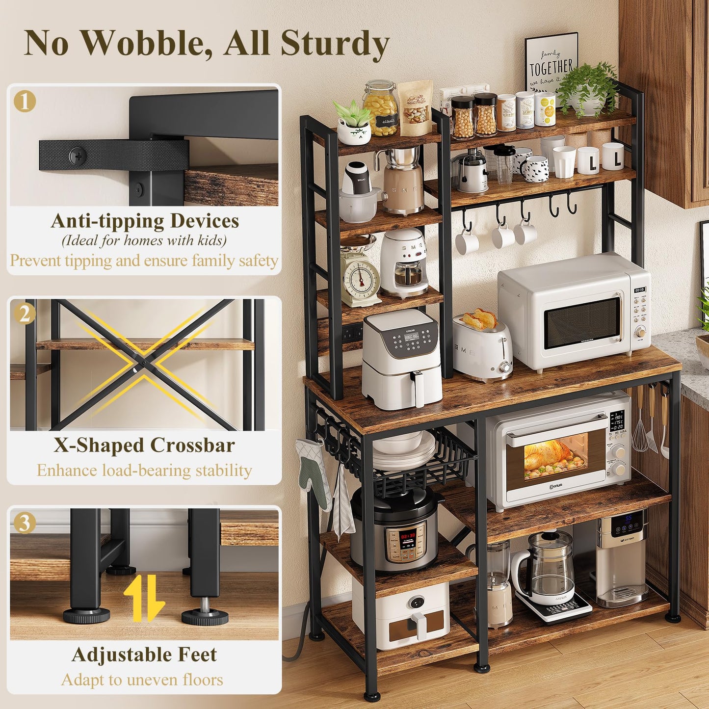 SNTD Baker Rack with Power Outlet - Microwave Stand with Storage, Large Coffee Bar Station with 14 Hooks, Metal Kitchen Shelf Rack for Spices, Pots (Rustic Brown)