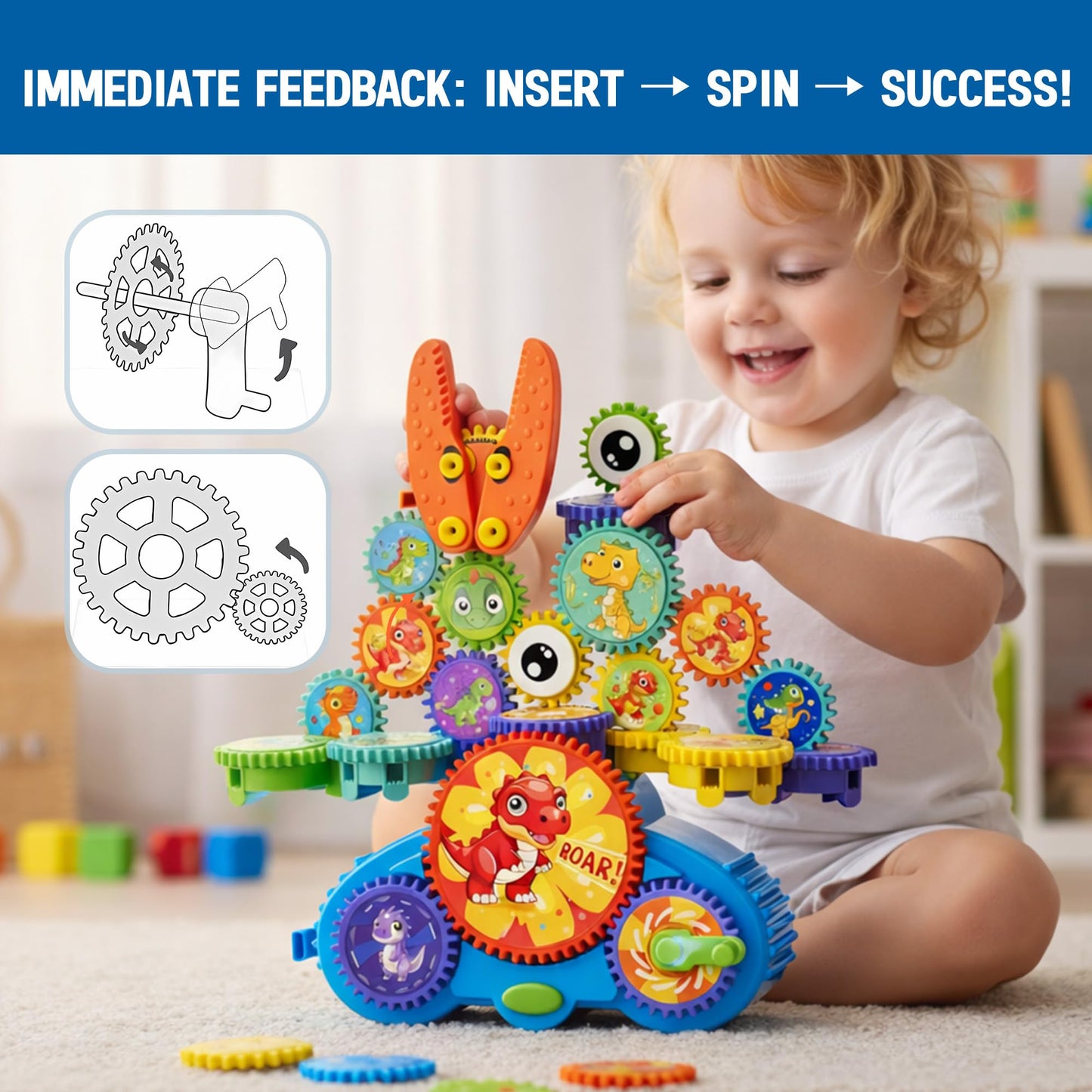 ROHSCE Motorized Gear Building Blocks Toys, Electric Dinosaur Spinning Set Ages 3-6, STEM Construction Kit, Fine Motor Cause-Effect Gift for Boys Girls