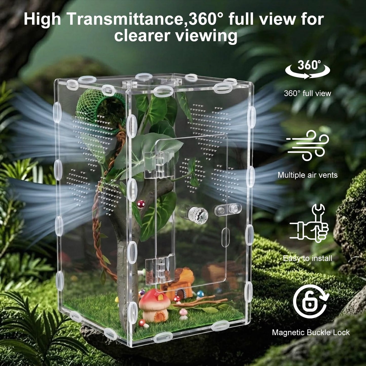 YPJXBEST Jumping Spider Enclosure,6x6x10 in Spider Enclosure Easy Assembly with DIY Jumping Spider Accessories Front Opening Bug Habitat with Feeding Port for Mantises,Spiders,Insects