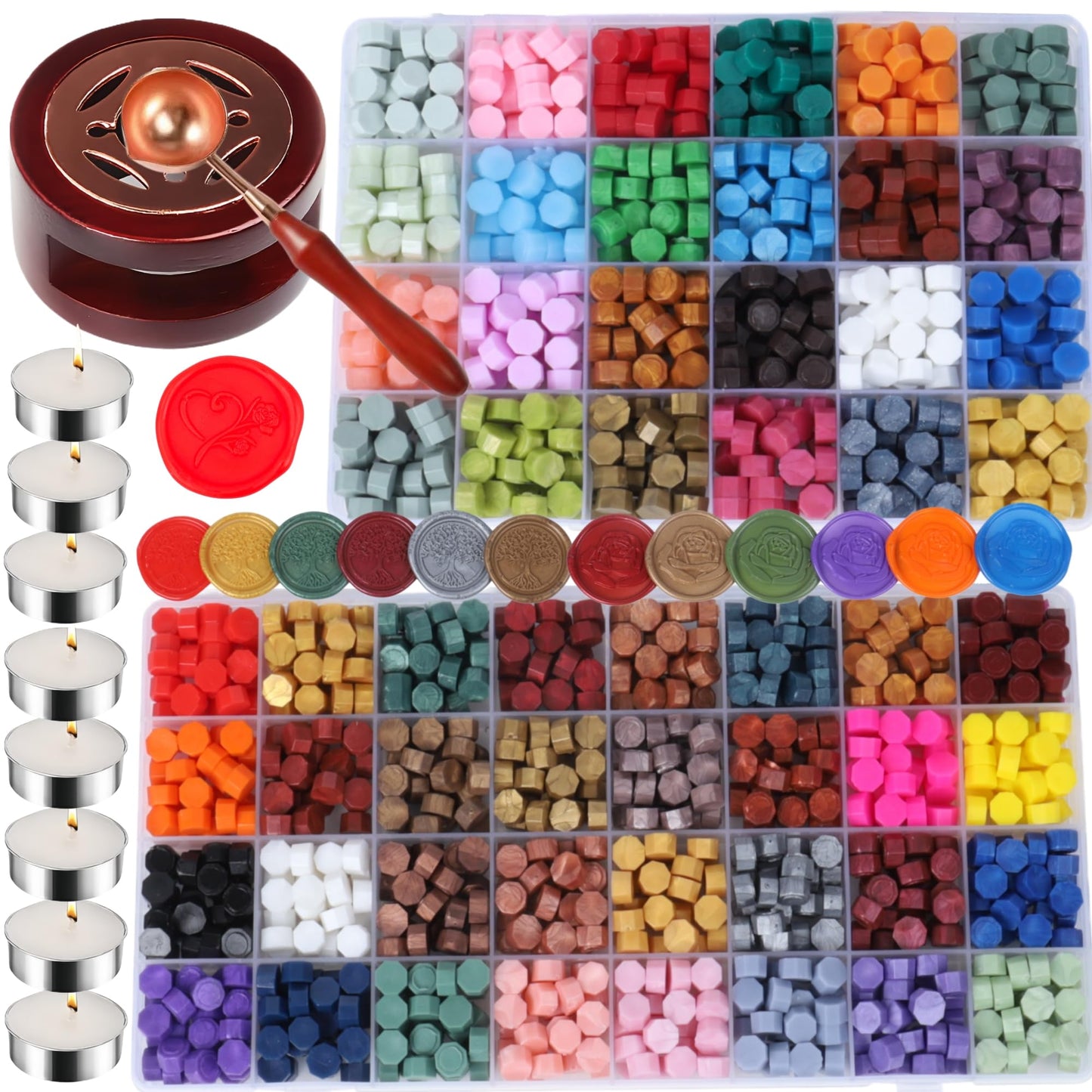 Wax Seal Kit, 56 Colors 1456 Pcs Sealing Wax Beads with Melting Warmer Spoon, Candles, Seal Stamp Set for Wedding Invitation, Letter Stamp Sealing and DIY Craft