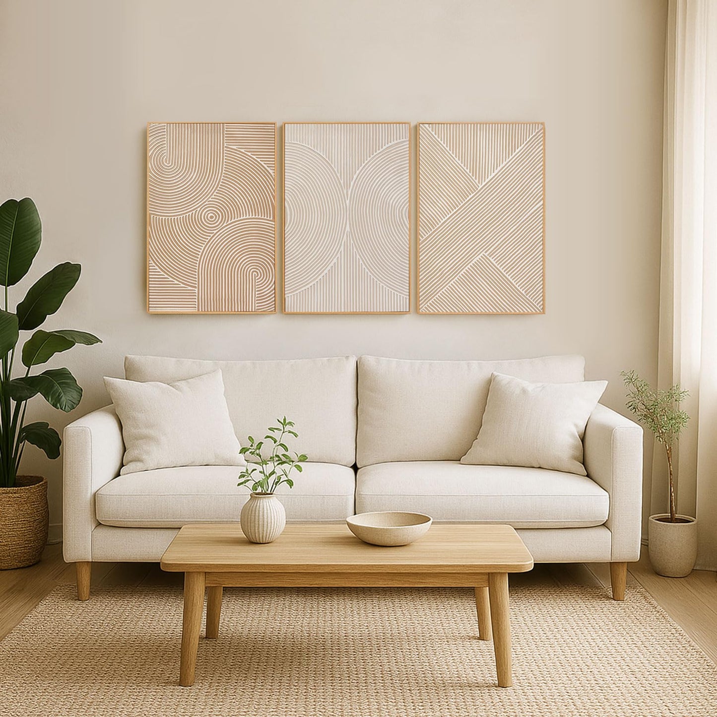Zessonic Neutral Minimalist Textured 3D Wall Art Abstract Hand-Painted Framed Wall Decor Geometric Artwork Canvas Paintings- Living Room Bedroom Office - Modern Boho Neutral Line 16"x24" 3 piece