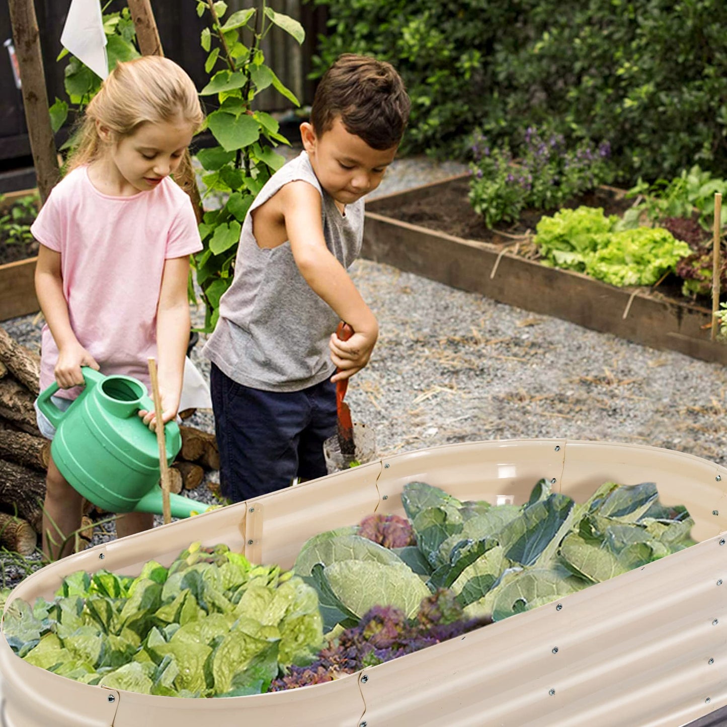 Sundale Outdoor 2 Pack Galvanized Raised Garden Bed Kit, 4x2x1ft Planter Raised Garden Boxes Outdoor with Anti-Rust Paint，Oval Metal Planter Box for Vegetables Flower（Beige）