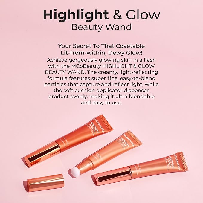 MCoBeauty - Highlight and Glow Beauty Wand - Buildable Liquid Highlighter - Radiant Pink Shade - Soft Pink with Cushion Applicator for Soft, Radiant Finish - Highlighters Makeup