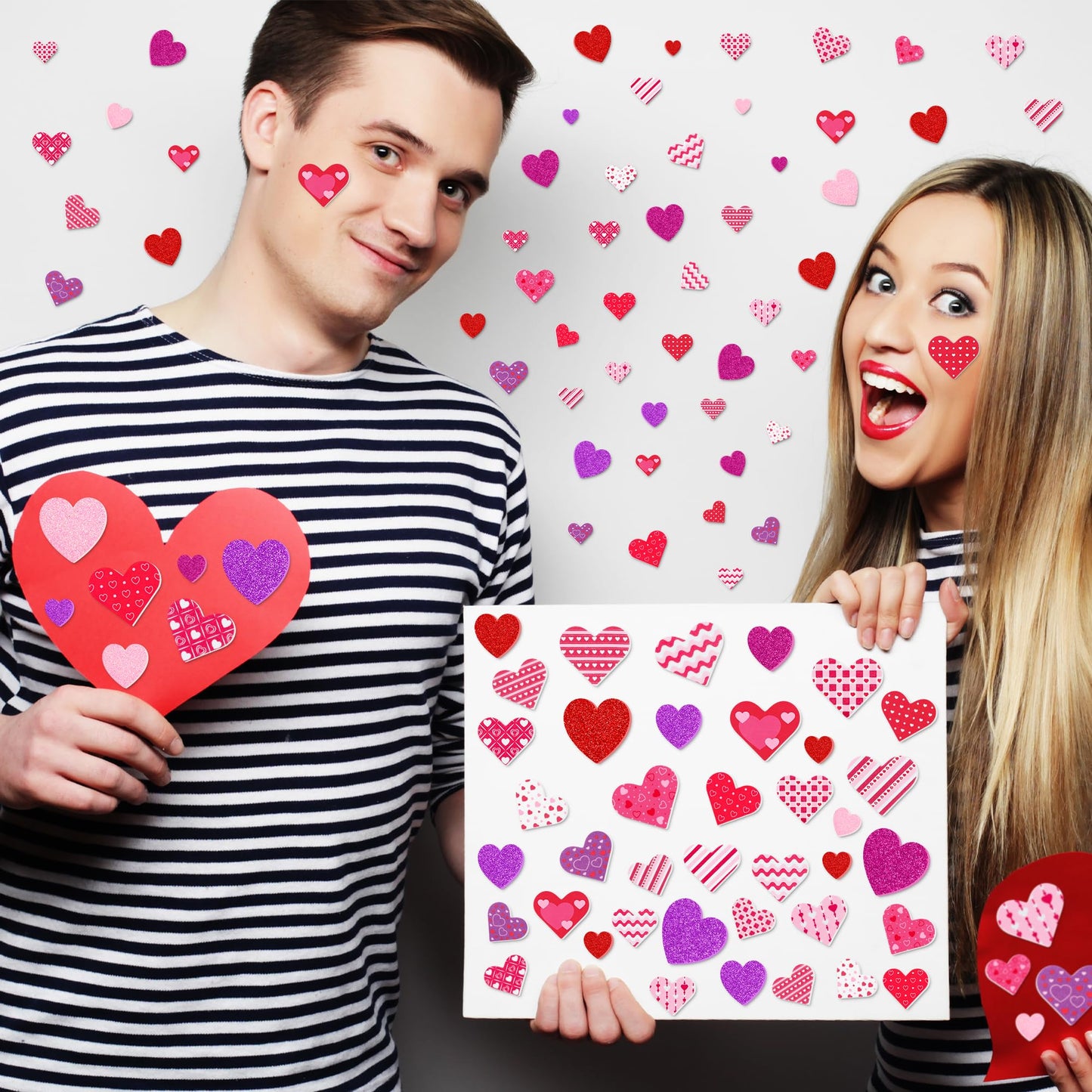 500 PCS Valentines Stickers, Self-Adhesive Foam Heart Stickers for Craft Lovers, 3 Sizes Glitter Polka Dots Stripe Valentines Decor, Bulk Valentine Crafts Red Pink DIY Decor for Frames Presents Cards