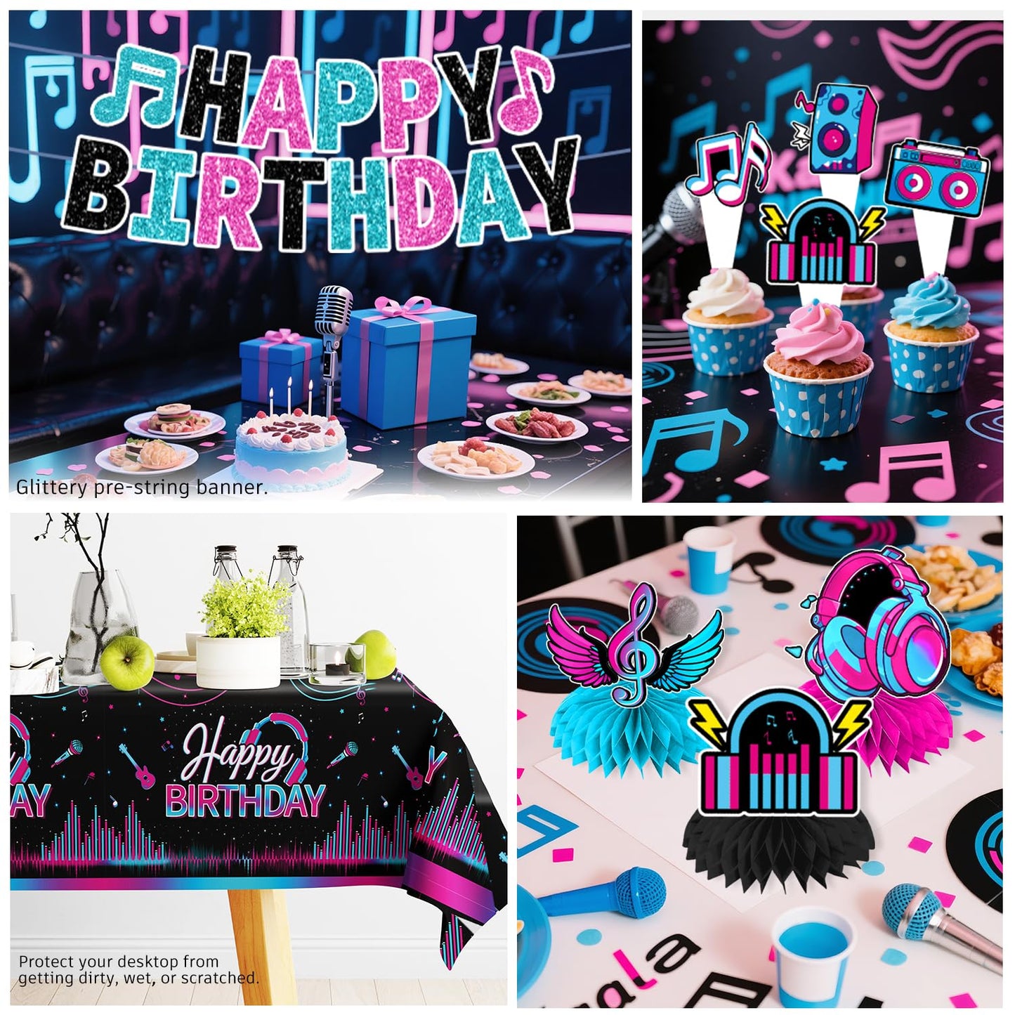 wellspar 208pcs Karaoke Party Decorations Complete Tableware Set, for 25 Guests, Karaoke Birthday Party Decorations, Disposable Plates, Pre-strung Banner, Tablecloths for Music Birthday Decor