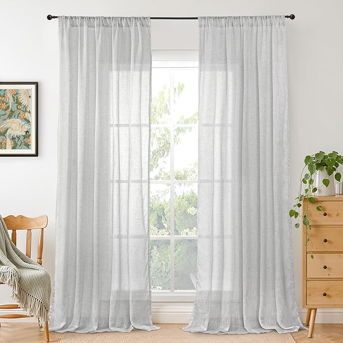 BGment Light Grey Linen Curtains for Living Room 84 Inch Length - Light Filtering Window Drapes Semi Sheer with Rod Pocket for Bedroom Dining Room Decor Lightweight, 2 Panels Set, 52 X 84 Inch