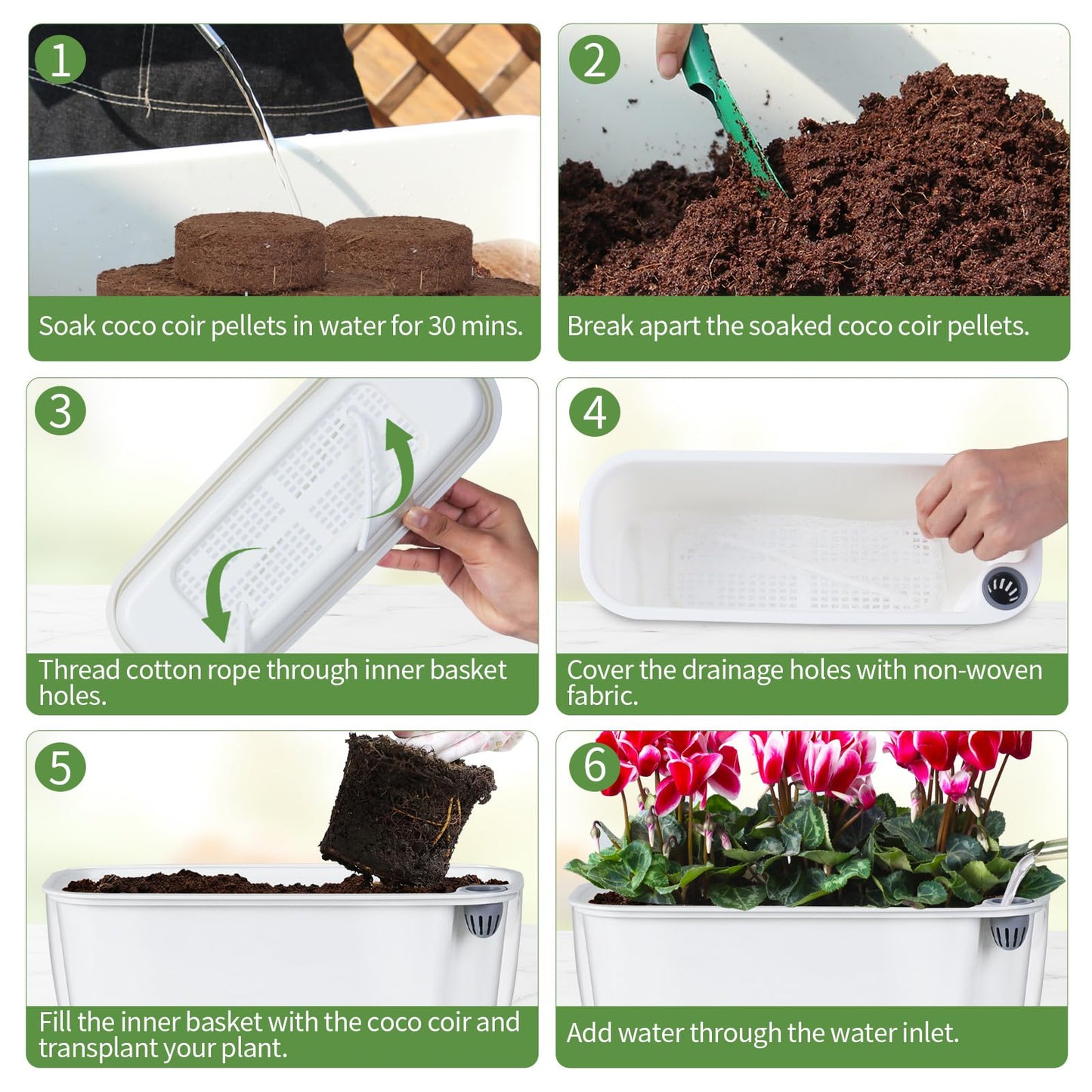 Oliz Self Watering Planter with Coco Coir Pellets, 11.8 Inch Plastic Rectangular Windowsill Plant Pot with Drainage Holes, High Clear Modern Decorative Flower Pot for Indoor Plants, African Violets