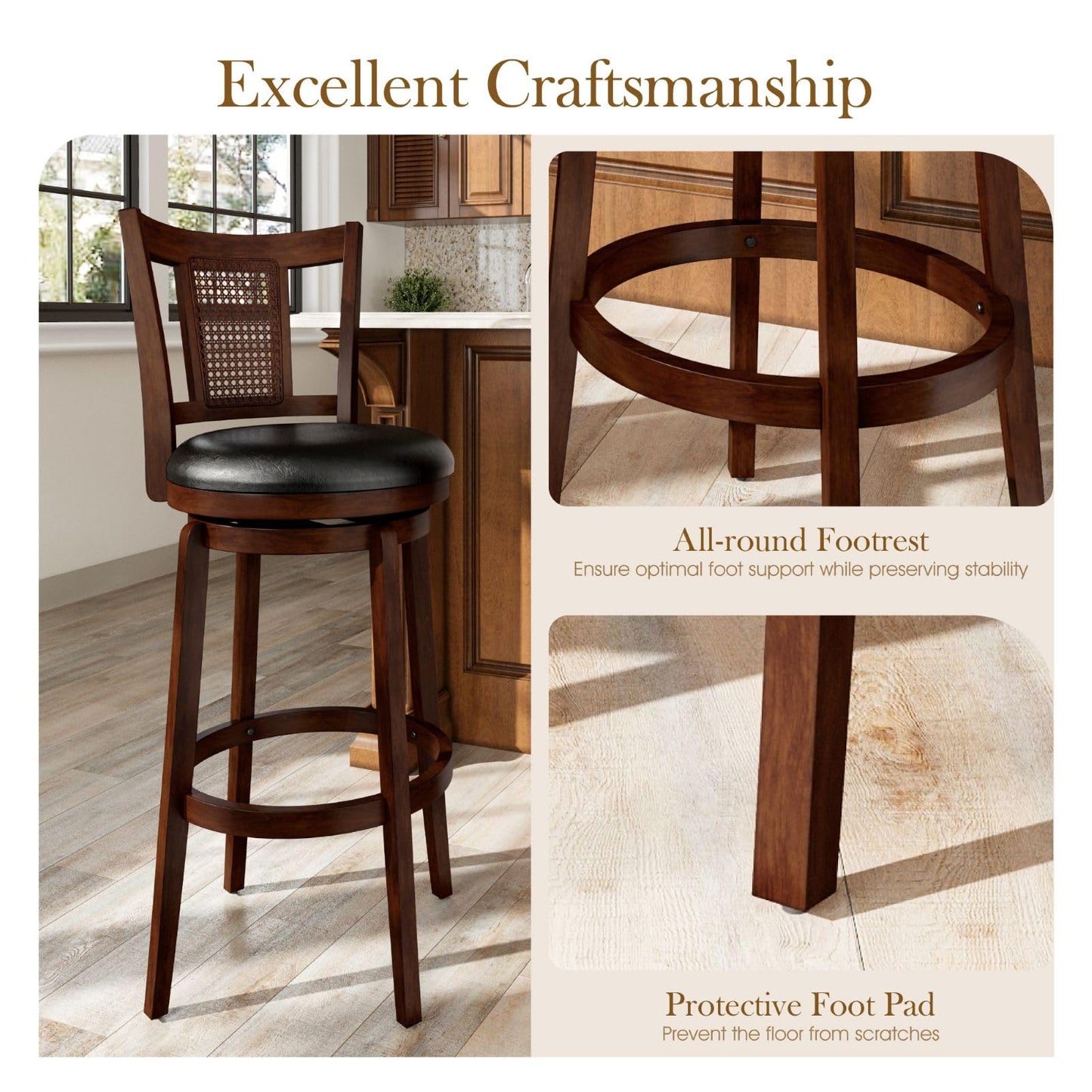 Sophia & William Swivel Bar Stools Set of 6, Bar Height Barstools with Backrest & Solid Wood Legs, Brown Faux Leather Kitchen Stools, 30 Inch