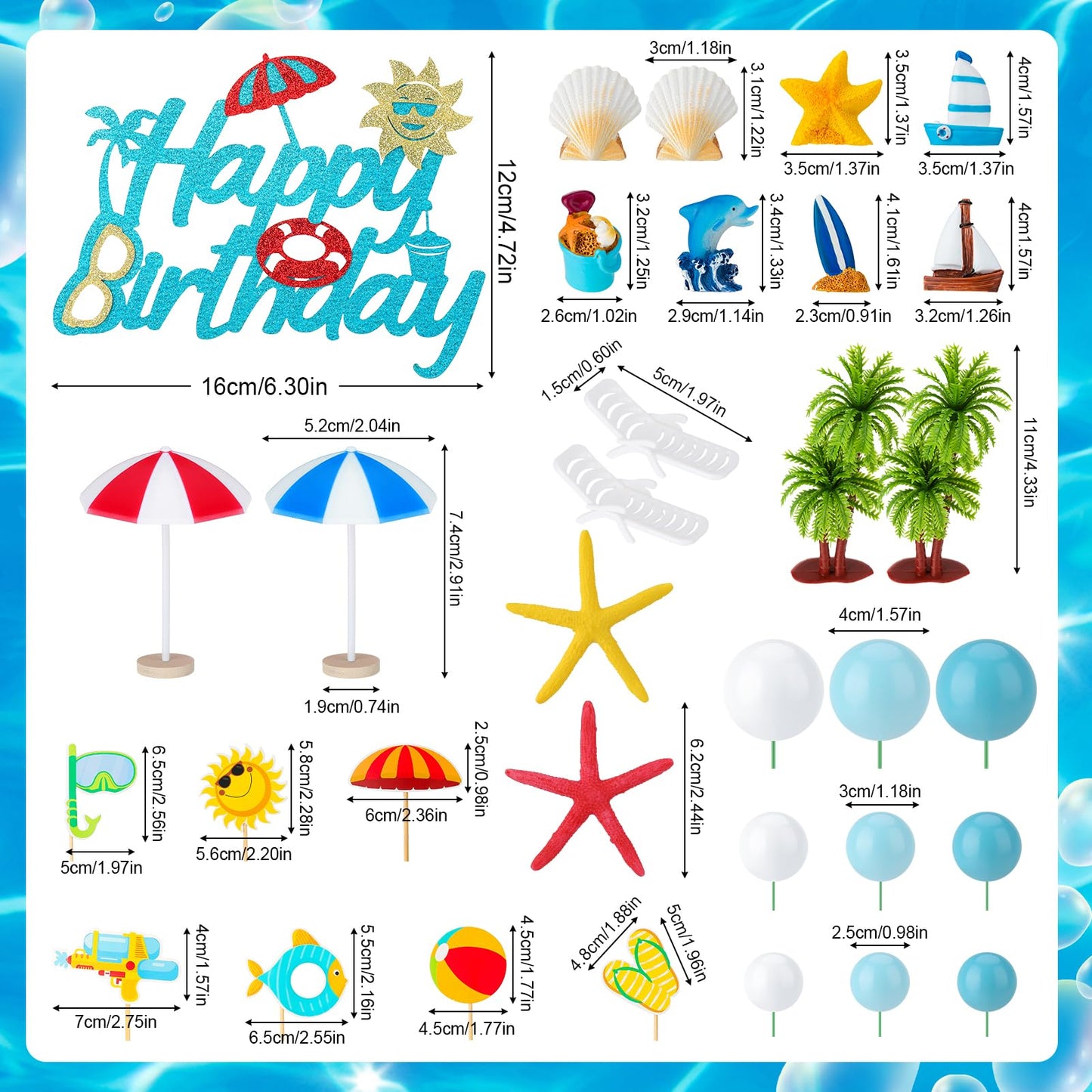 Guiqulai 33Pcs Summer Beach Cake Toppers, Hawaiian Ocean Pool Party Decorations for Birthday Cakes & Cupcakes, Tropical Blue Surfboard Starfish Coconut Tree Mini Figurines