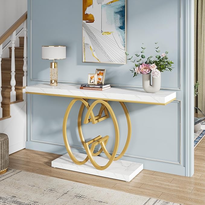 Tribesigns 55 Inch Console Table for Hallway, Faux Marble Gold Entryway Table with Geometric Metal Base, Modern Narrow Sofa Accent Table for Entrance, Living Room, Foyer (White & Gold)