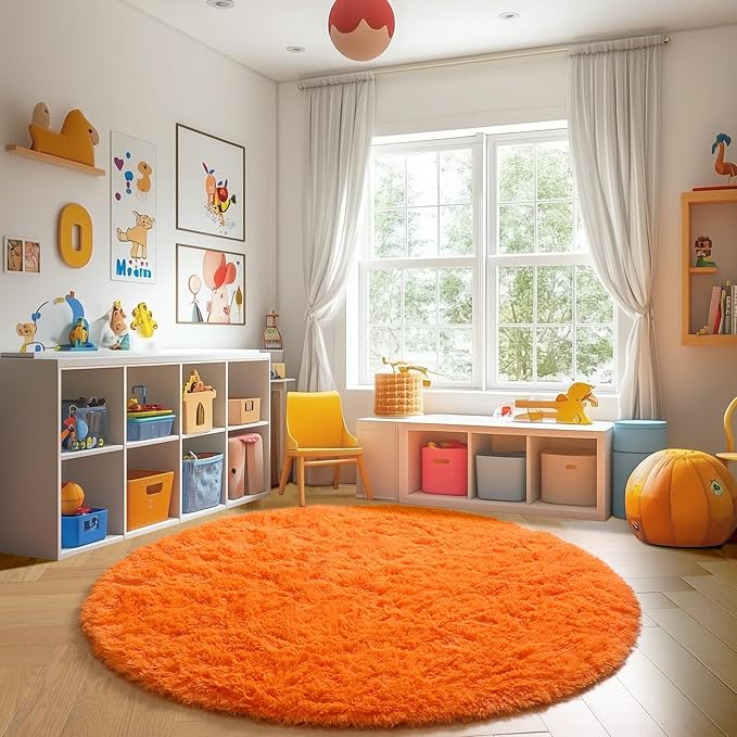 Amdrebio Orange Round Circle Rug 4Ft for Bedroom Living Room, Fluffy Fuzzy Area Rugs for Kids Room Decor Aesthetic, Cute Furry Plush Shag Carpet for Toddler Teen Girls Boys Baby Nursery Dorm Playroom