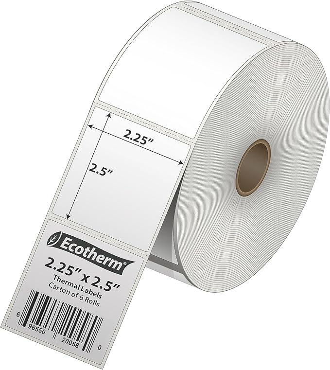 2.25" x 2.5" Thermal Labels | 6 Rolls | 6000 Labels | fits Zebra, Munbyn, Rollo, Godex, Arkscan, iDPRT, Offnova Thermal Label Printers and More | Blank White Adhesive Stickers by Ecotherm