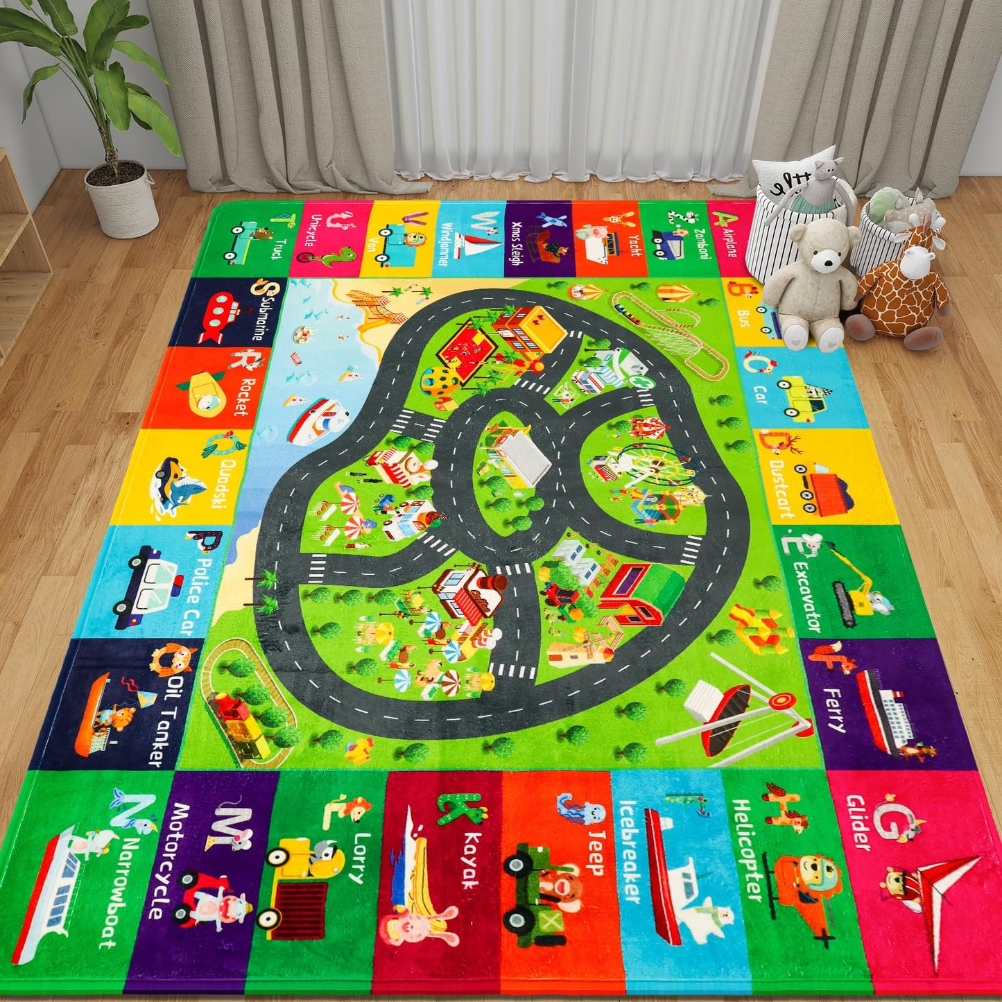 AKASISRUG ABC Transportation Kids Rugs 78.7"×59" for Playroom Educational Alphabet Mat