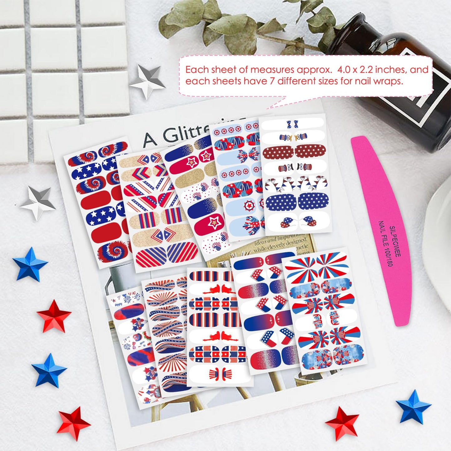 SILPECWEE 20 Sheets 4th of July Nail Wraps Independence Day Nail Polish Stickers Patriotic American Nail Polish Strips Self Adhesive Fingernail Sticker Nails for Women with Nail File