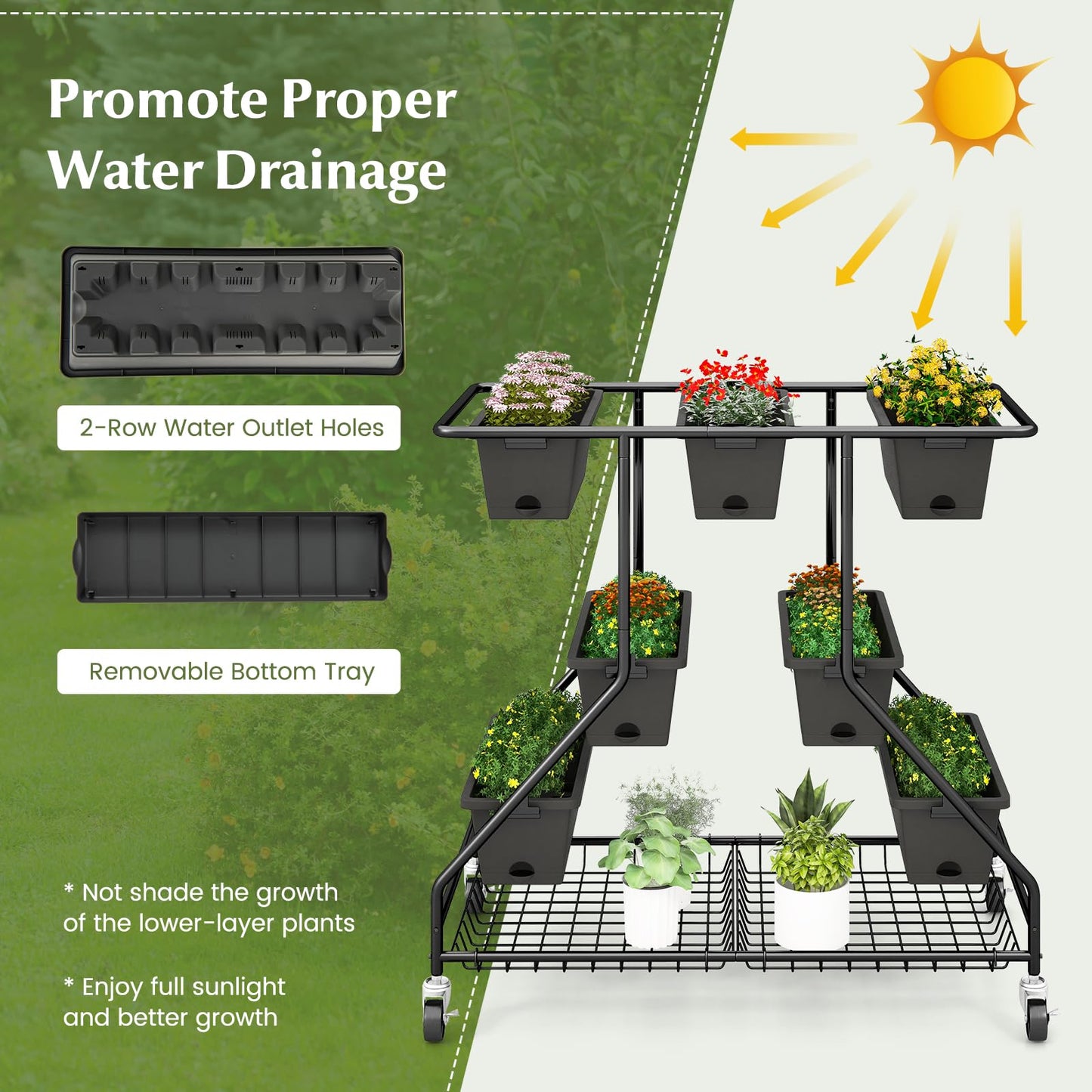 Giantex Rolling Raised Garden Bed w/ 7 Planter Boxes, Storage Baskets, Drainage Holes, 4 Lockable Casters, 3-Tier Freestanding Elevated Planter for Strawberry Vegetable Flower Herb