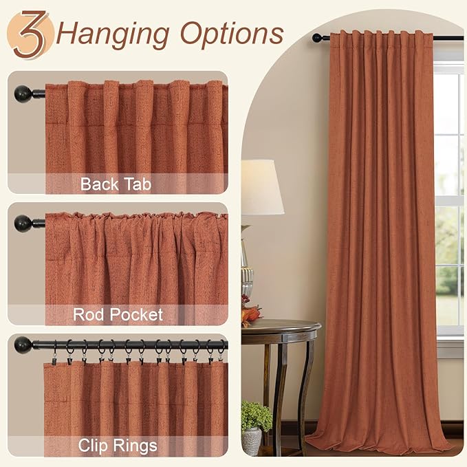 Rust Colored Curtains for Bedroom 96 Inches Long 2 Panel Set Faux Linen Cute Blackout Curtains for Living Room Darkening Thermal Drapes Farmhouse Decorative Window Treatments Terracotta Burnt Orange