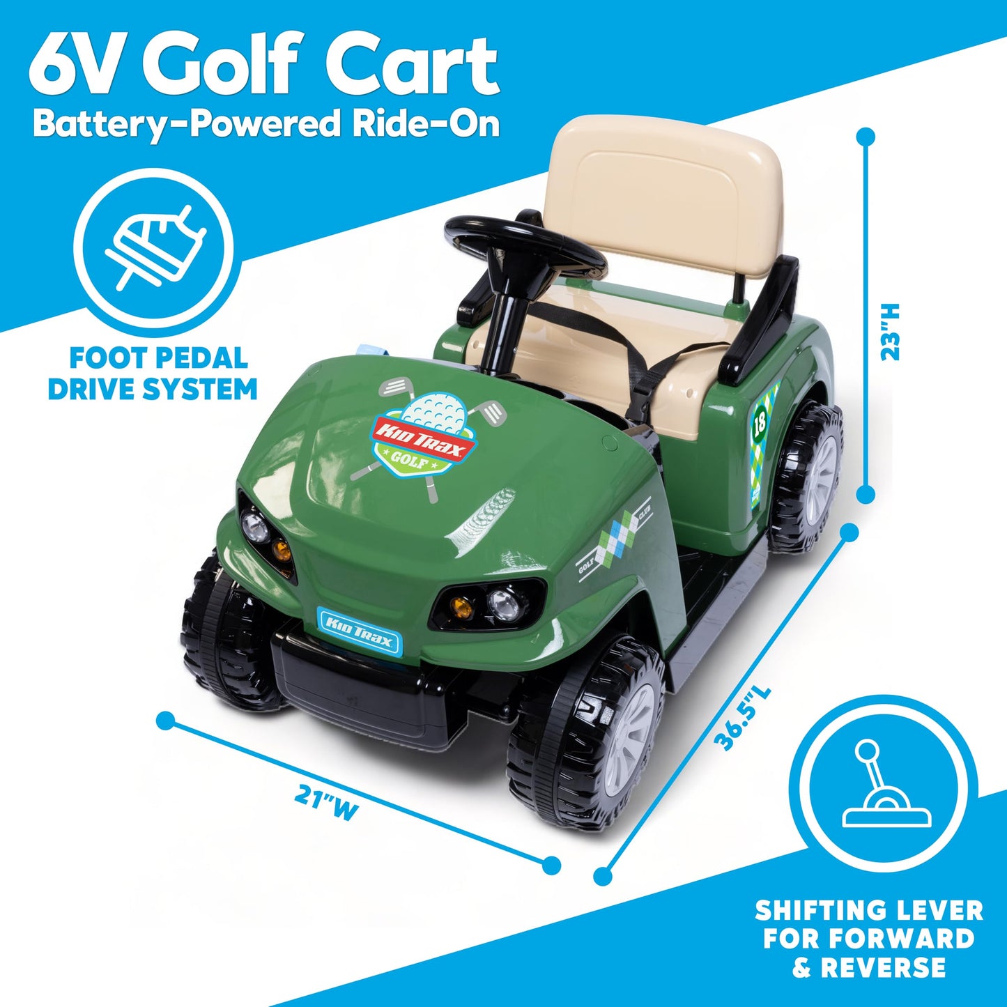Kid Trax 6V Golf Cart Ride-On for Toddlers, Ages 3+, Golf Clubs & Balls, Lights & Sounds, 2MPH Max Speed, 66lbs Capacity, Seat Belt & Cup Holder, Rechargeable Battery, Forward & Reverse