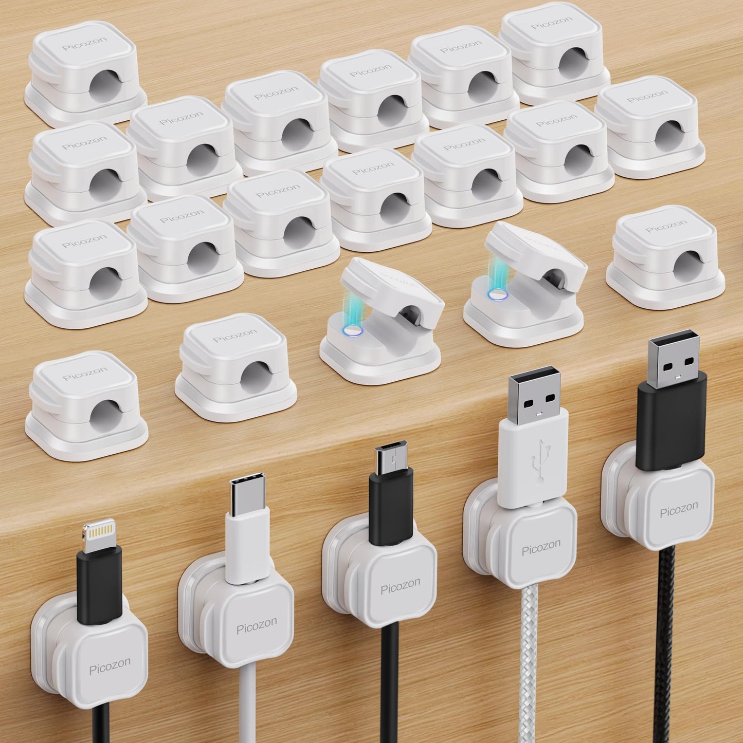 24 Pack Magnetic Cable Clip Organizer Cord Holder, Picozon Adhesive Cable Management, Wire Phone USB Charger Cable Holder, Keeper Organizer for Office Home Desktop Table - White