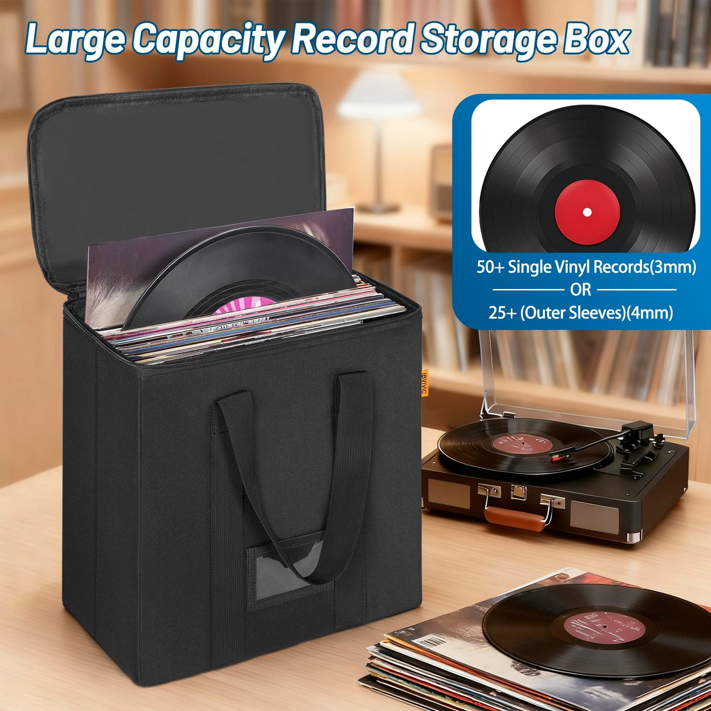 IBVIVIC Vinyl Record Storage Box with Lids and Handle Vinyl Album Storage Case Bag for 7/10/12 inch LP, Collapsible Crate Holds up 50+ Single Record (Black)