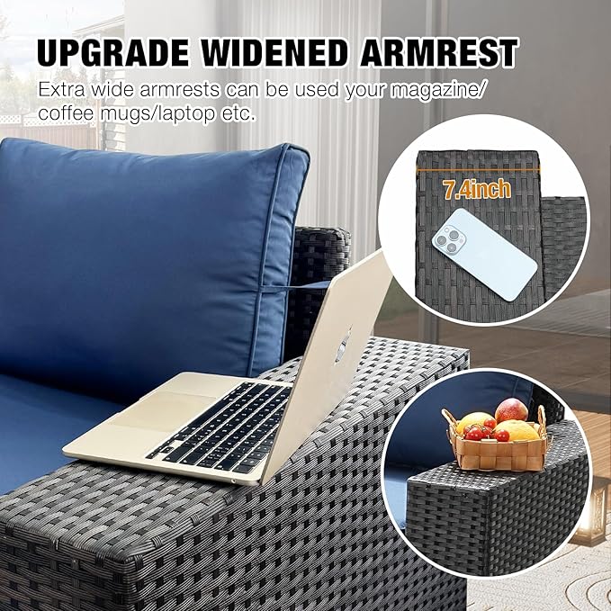 9 Pieces Patio Furniture Set All-Weather Outdoor Wicker Sectional Conversation Sofa Rattan Patio Seating Sofa with Cushion and Glass Table and Ottoman for Porch Poolside,Navy
