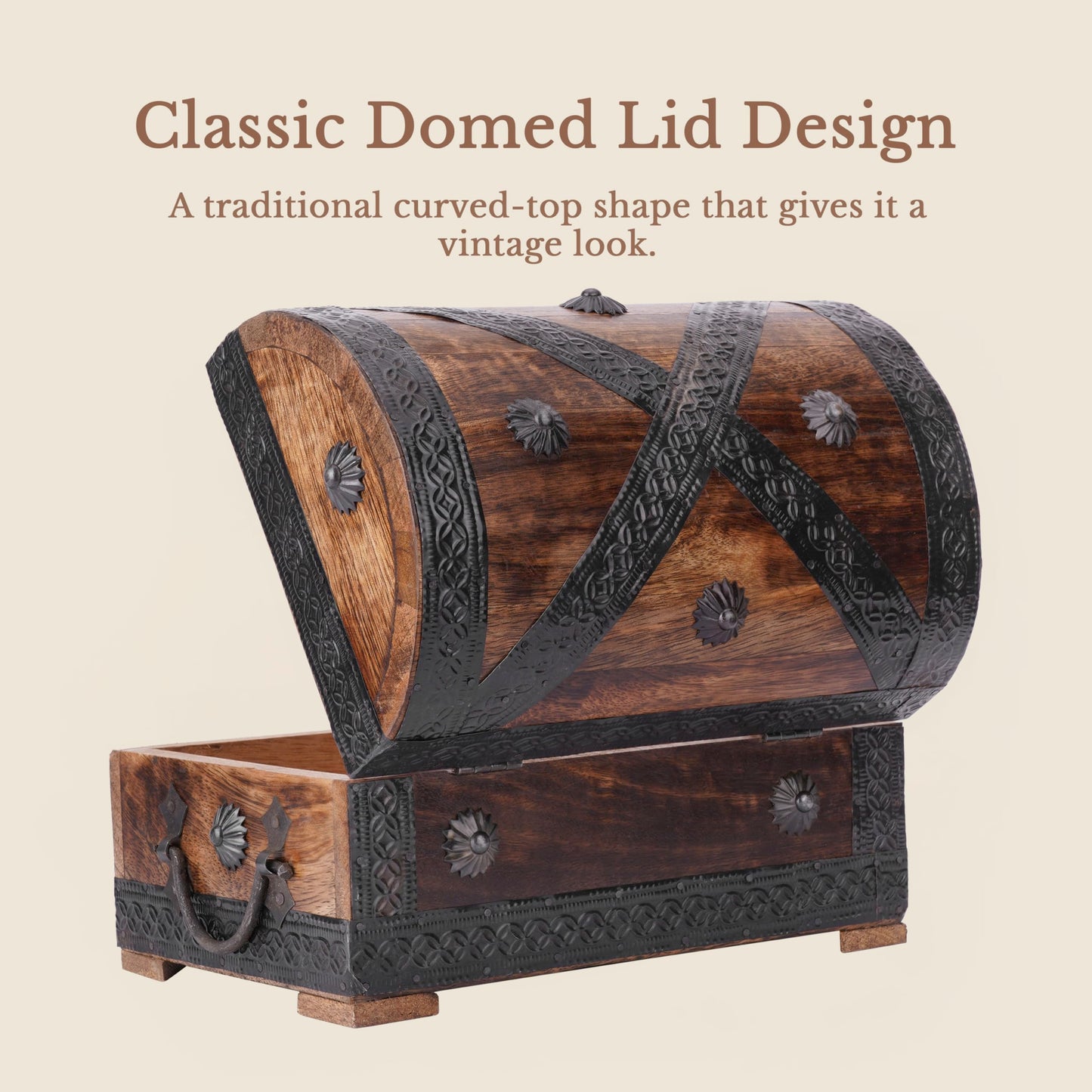 Ajuny Wooden Pirate Treasure Chest Jewelry Box – Handcrafted Vintage Keepsake Organizer with Shell Strips, Perfect for Necklaces, Earrings, and Trinkets, 9x6 Inch Gift Box