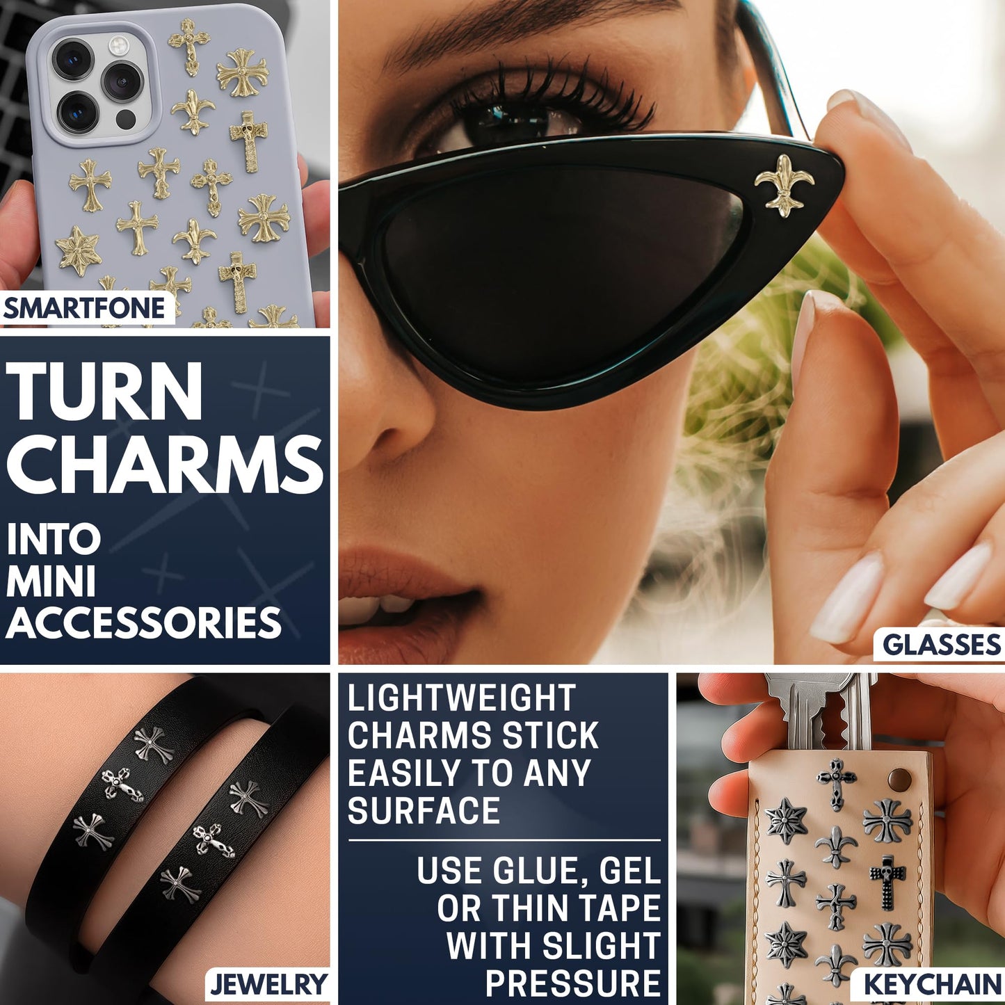 240Pcs Silver & Gold Cross Nail Charms Premium Set – 8 Styles with 3D Raised Design & Metallic Shine, Cross Charms for Nails, Acrylic Nails & Press-Ons – Statement Nail Decorations for Bold Manicures