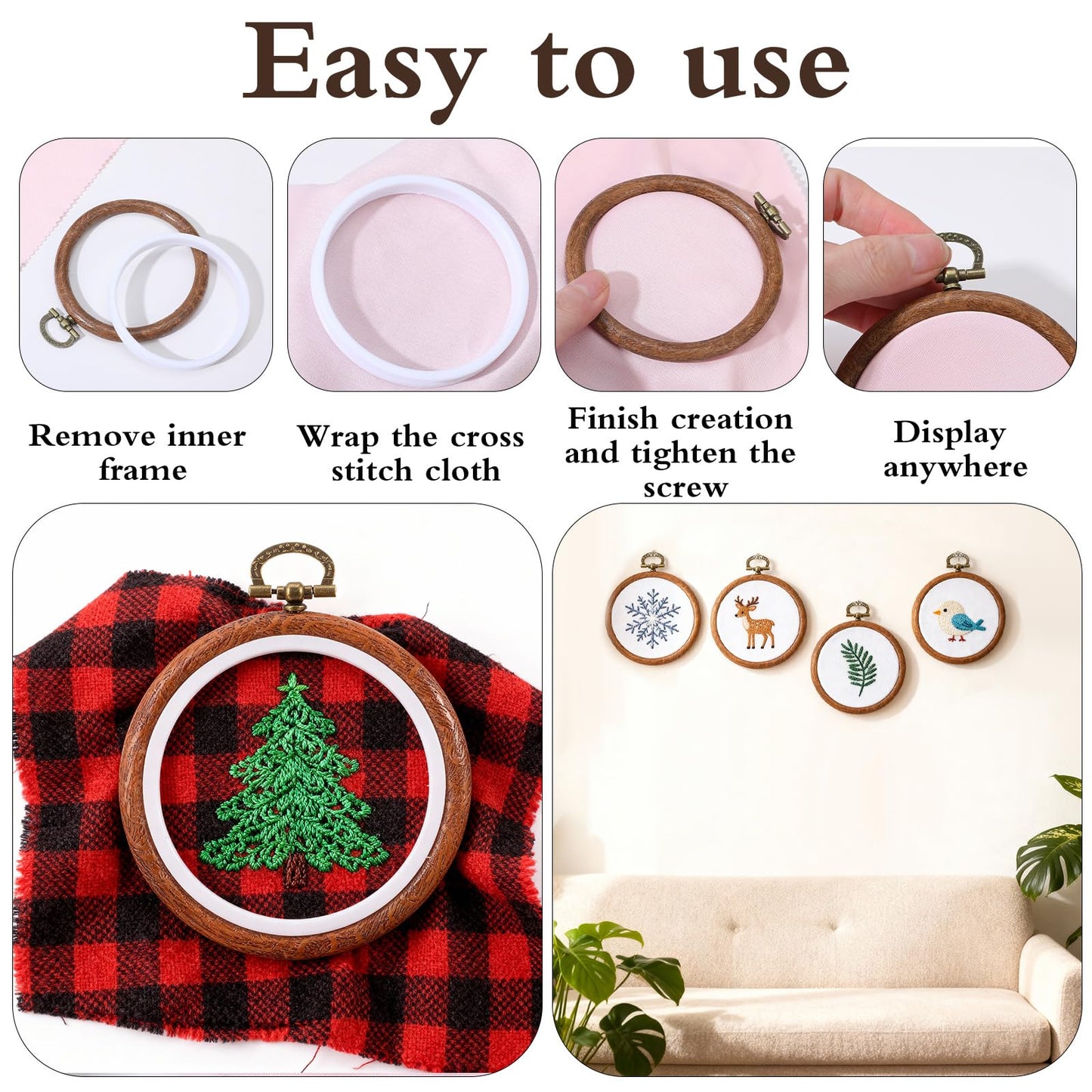 16 Pcs 3 Inch Round Embroidery Hoop, Circle Rubber Decorative Embroidery Hoop Frames for Display, Imitated Wood Cross Stitch Ornament for Christmas Craft Sewing DIY Hanging Gifts