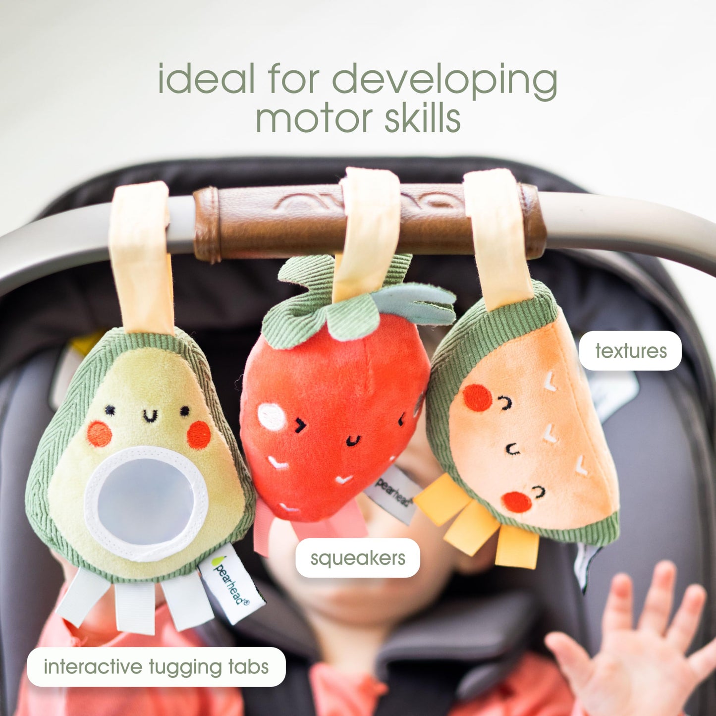 Pearhead Fruit Stroller Toys, Stocking Stuffers for Babies, Newborn Ideas, Plush Interactive Toy Set for Baby Car Seat with Hanging Mirror, Strawberry Avocado Watermelon, Set of 3