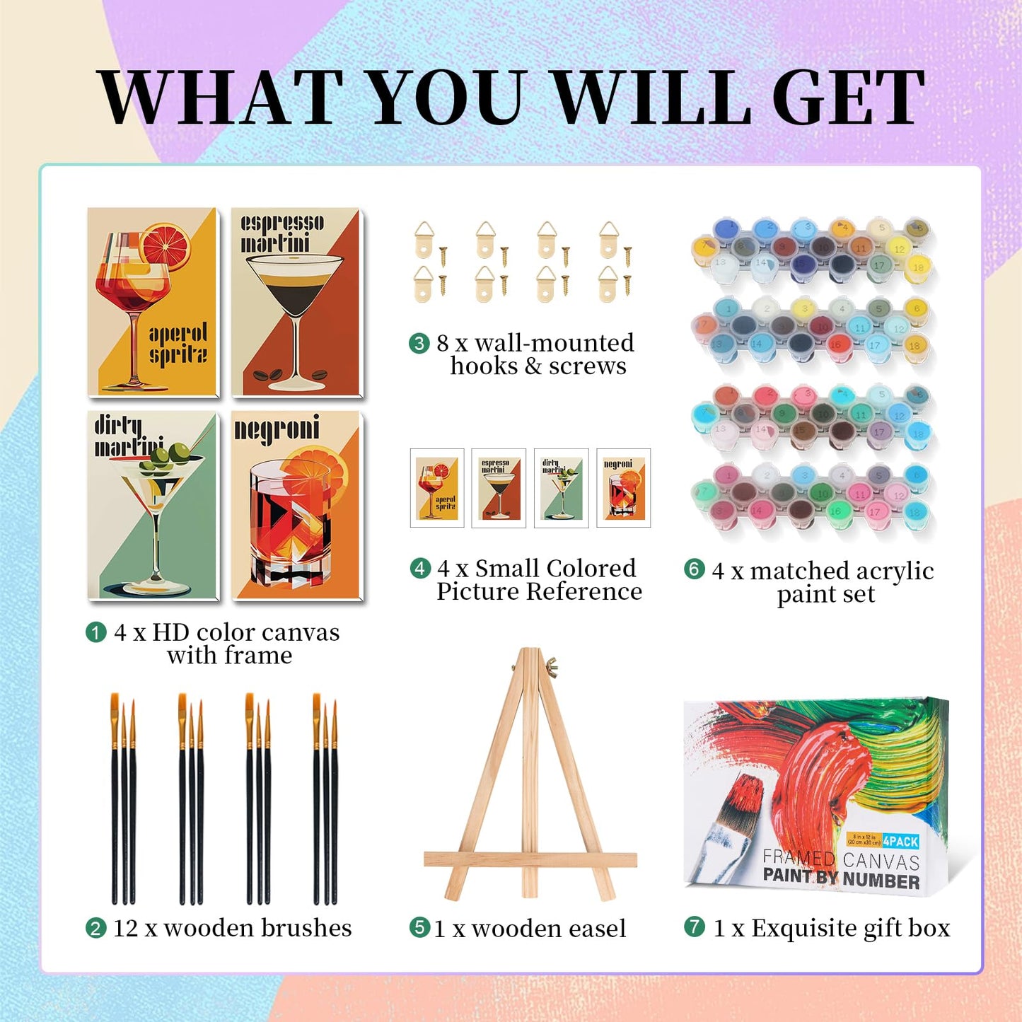 4 Pack Framed Paint by Numbers Kit for Adults with Wooden Easel, Cocktail Paint by Numbers with Frame for Beginner, Retro Cocktail Adult Paints by Number Kits on Canvas Framed for Wall Decor 8 x 12 In