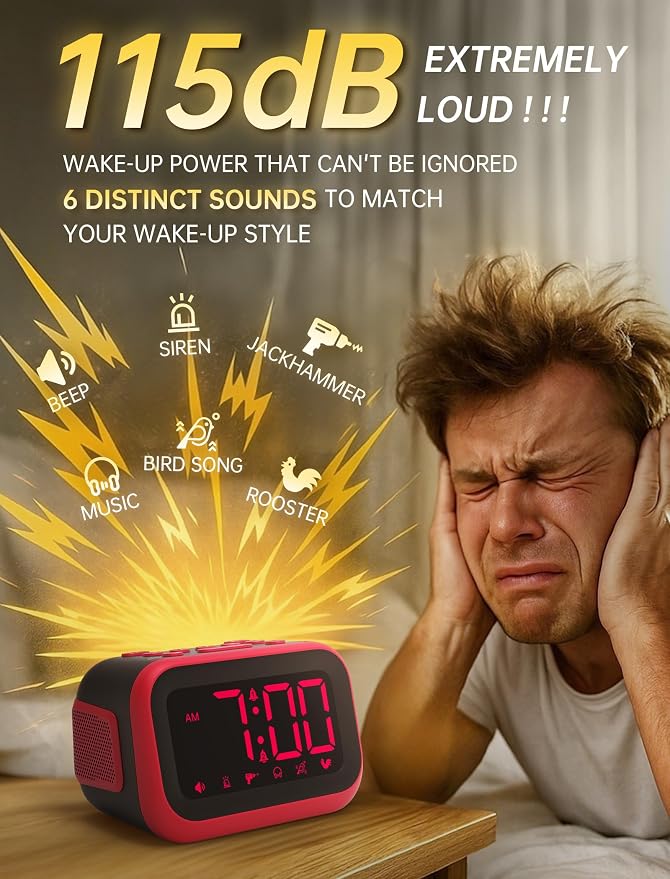 Acedeck Super Loud Alarm Clock: 115dB Wake-Up Power | Dual Alarms and 6 Alarm Sounds for Heavy Sleepers Adults and Shift Workers - Bedroom and Daily Wake-Up Use (Red Digits)