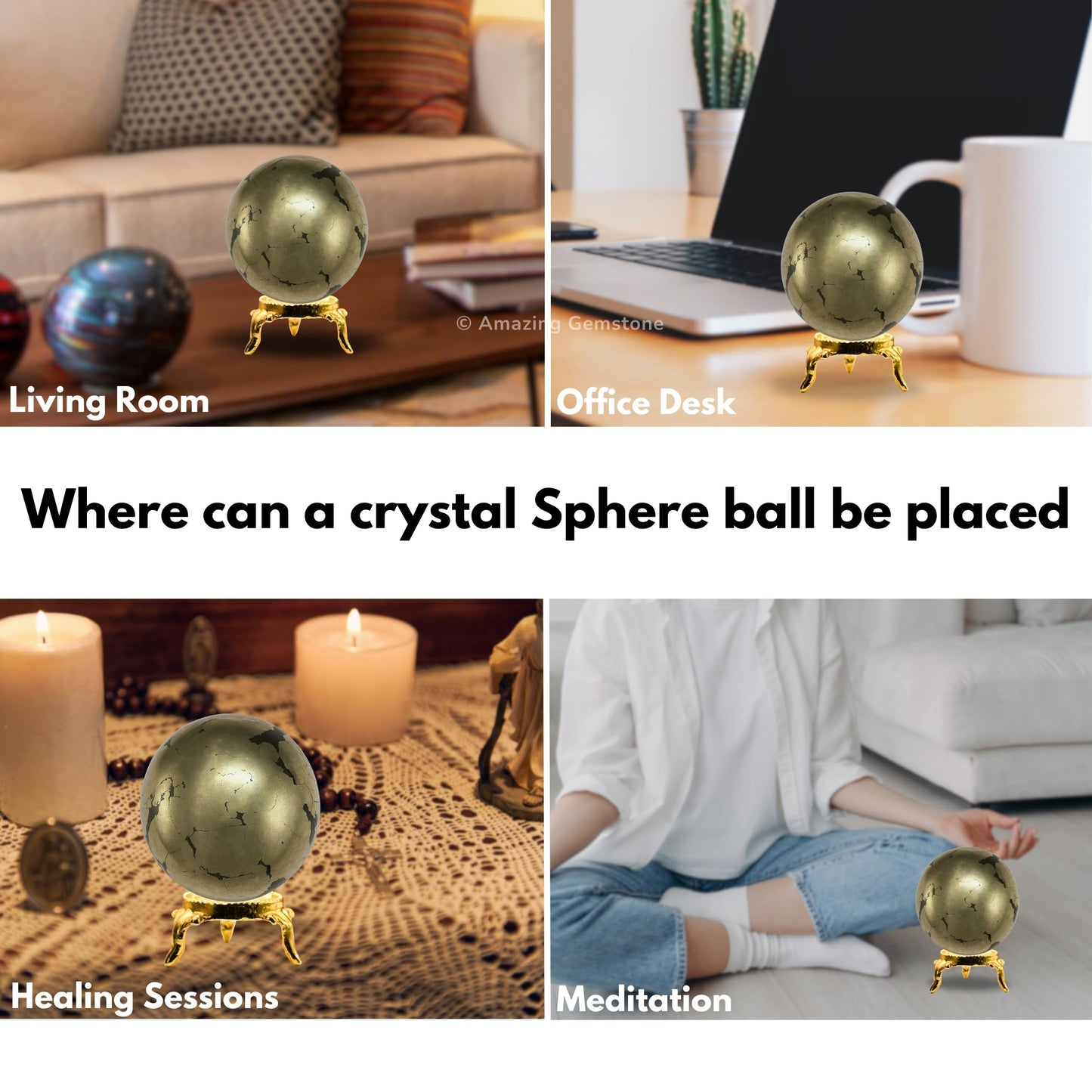 Amazing Gemstone Pyrite Crystal Ball with Stand - 2 Inches Crystal Sphere Meditation Balls for Witchcraft and Decorative Balls