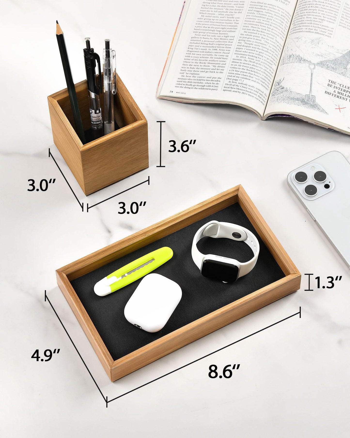 HULISEN Wooden Desk Organizer Tray with Pen Holder, Non-Slip Desk Tray and Pencil Holder Set with Felt Lined, Desktop Accessories for Home Office Workspace Organization