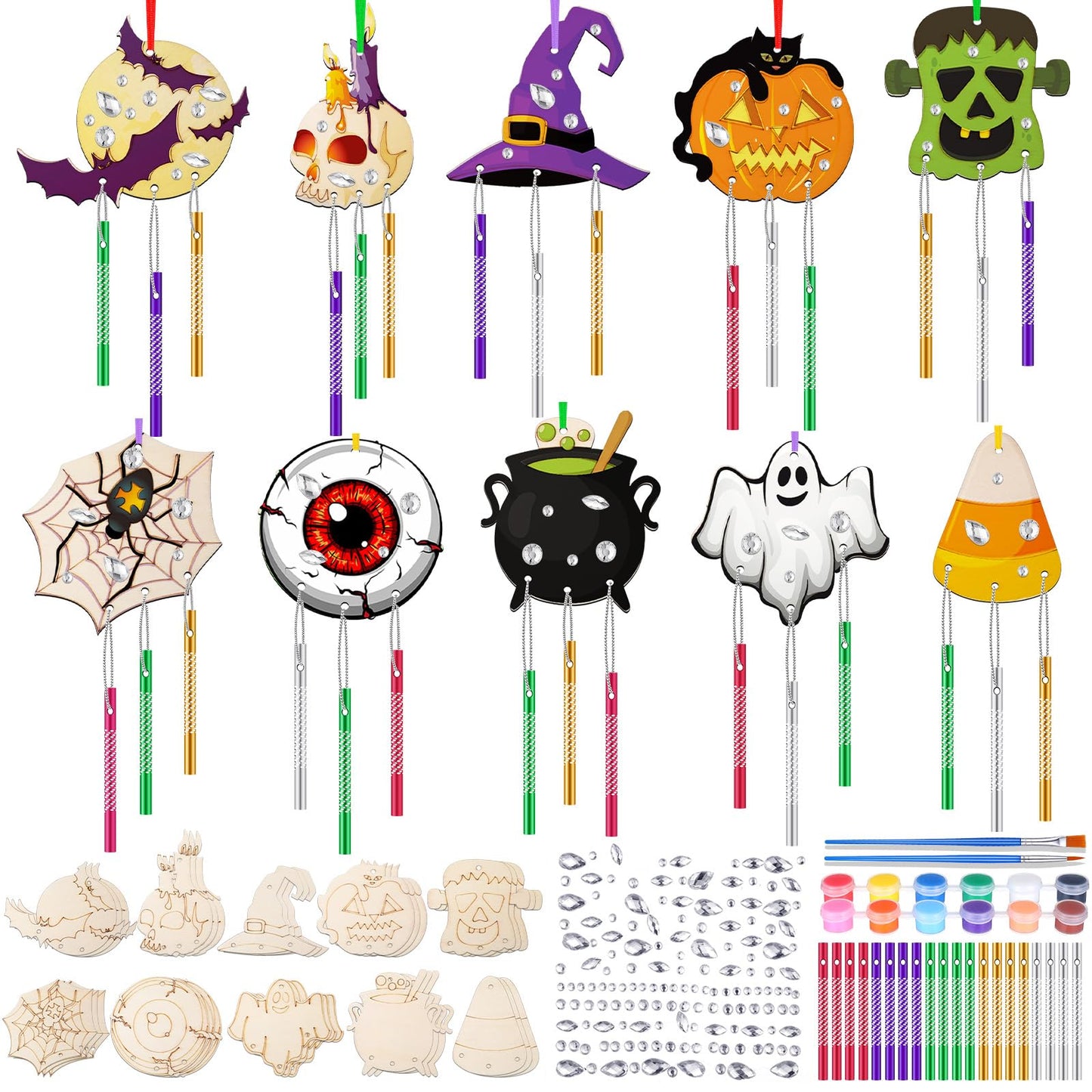 JellyArch 30 Pack Halloween Wind Chime Making Kit for Adults Make Your Own Halloween Wind Chime Ghost Pumpkin Bats DIY Crafts Wooden Ornaments for Activity Birthday Decoration