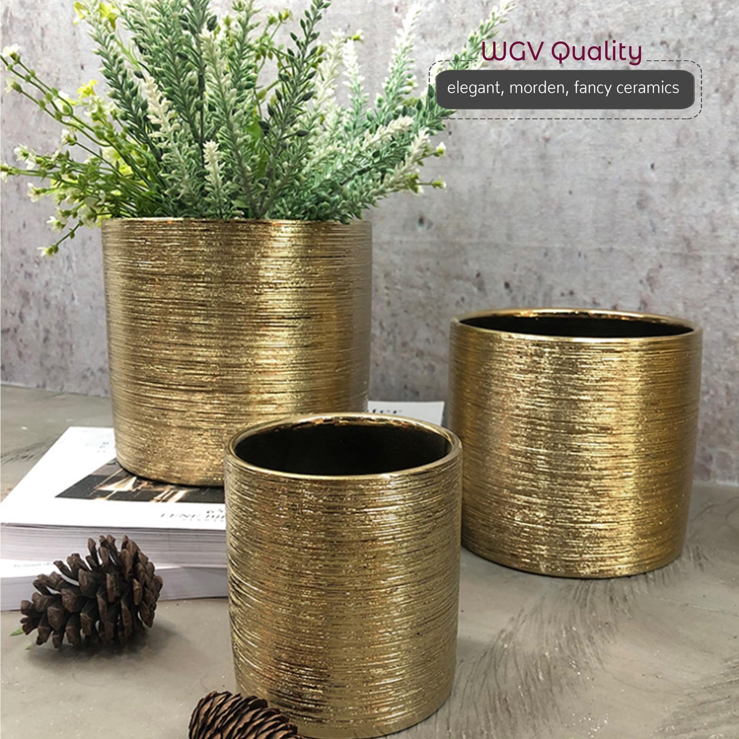 WGVI Gold Etched Ceramic Cylinder Vase Width 5.5" Height 5", Flower Arrangements, Candle Holder, Terrarium Planter Pot, Storage Container Organizer, Pen Brush Holder, Scratched Texture Design, 12 Pc