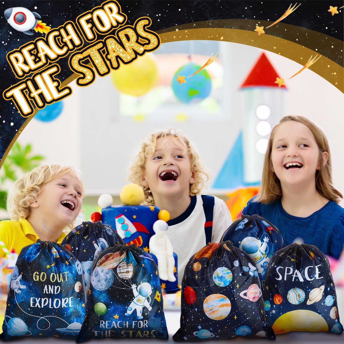 Paterr 12 Pcs Outer Space Party Favors, Astronaut Drawstring Backpack for Kids, Reusable Birthday Astronaut Return Goodie Bags, Galaxy Space Gift Bag for Baby Shower Supplies Candy Treat