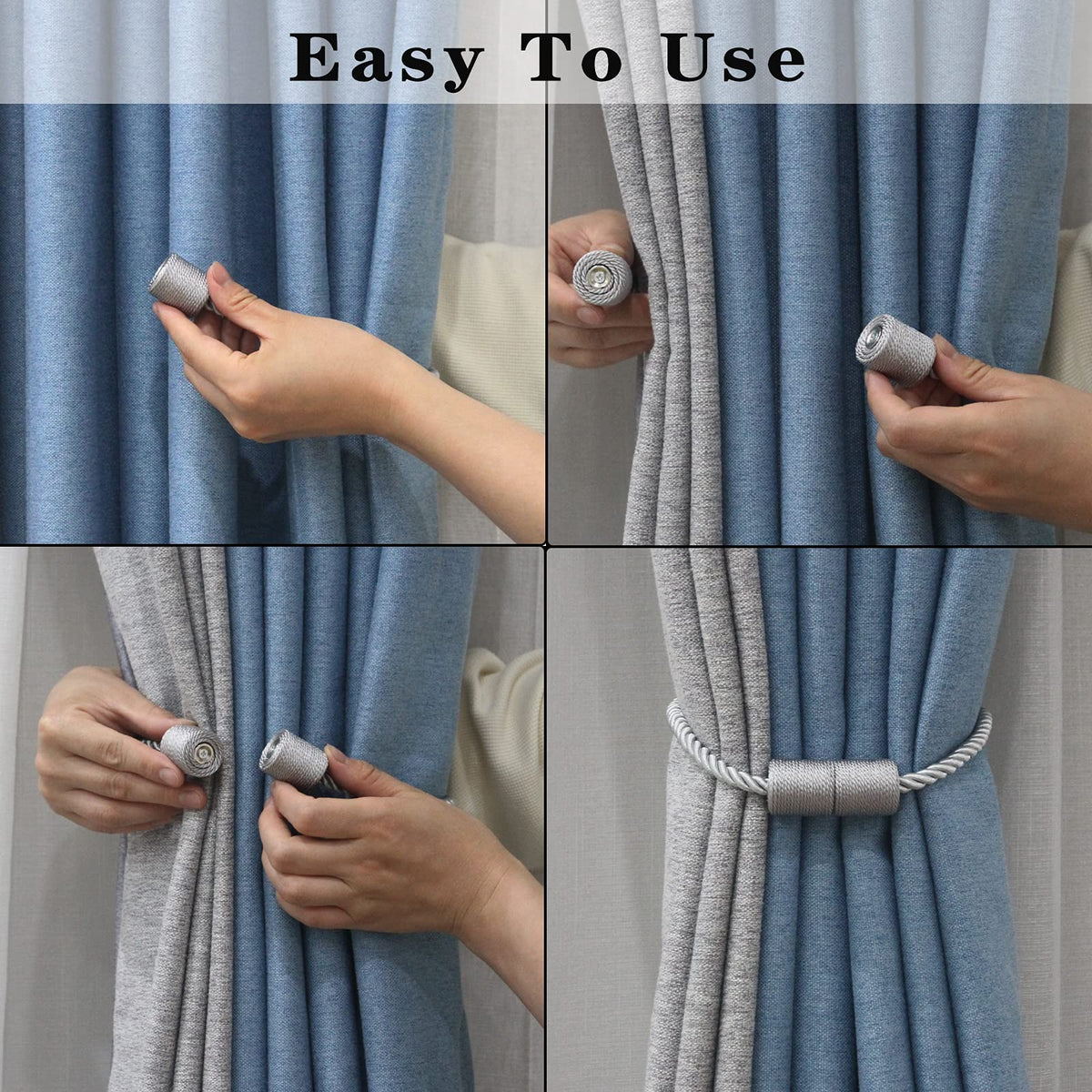 2 Pack Grey Strong Magnetic Curtain Tiebacks Outdoor Elegant Decorative Tie Backs Modern Rope Tiebacks for Drapes Window Curtain Holdbacks for Draperies (2 Count)