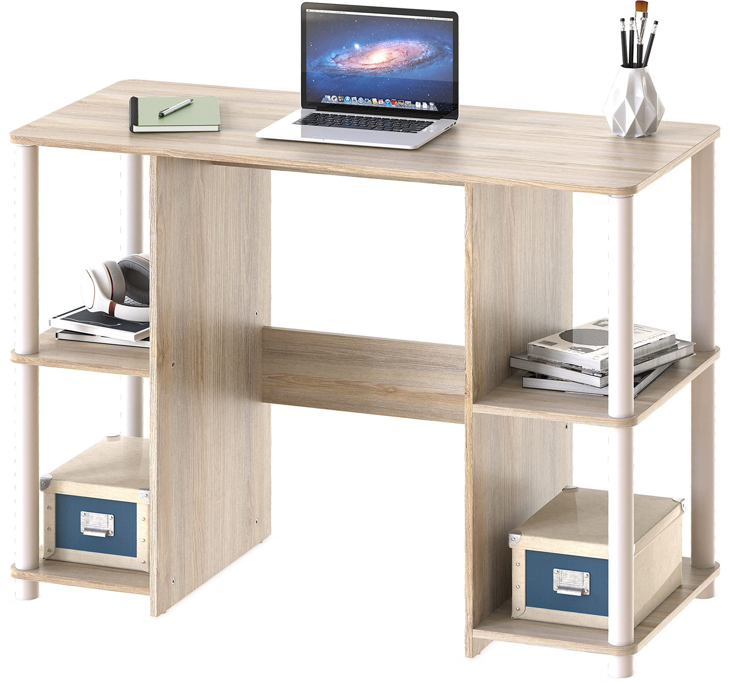 SHW 38-Inch Home Office Wood Desk with Double Sided Shelves, Oak