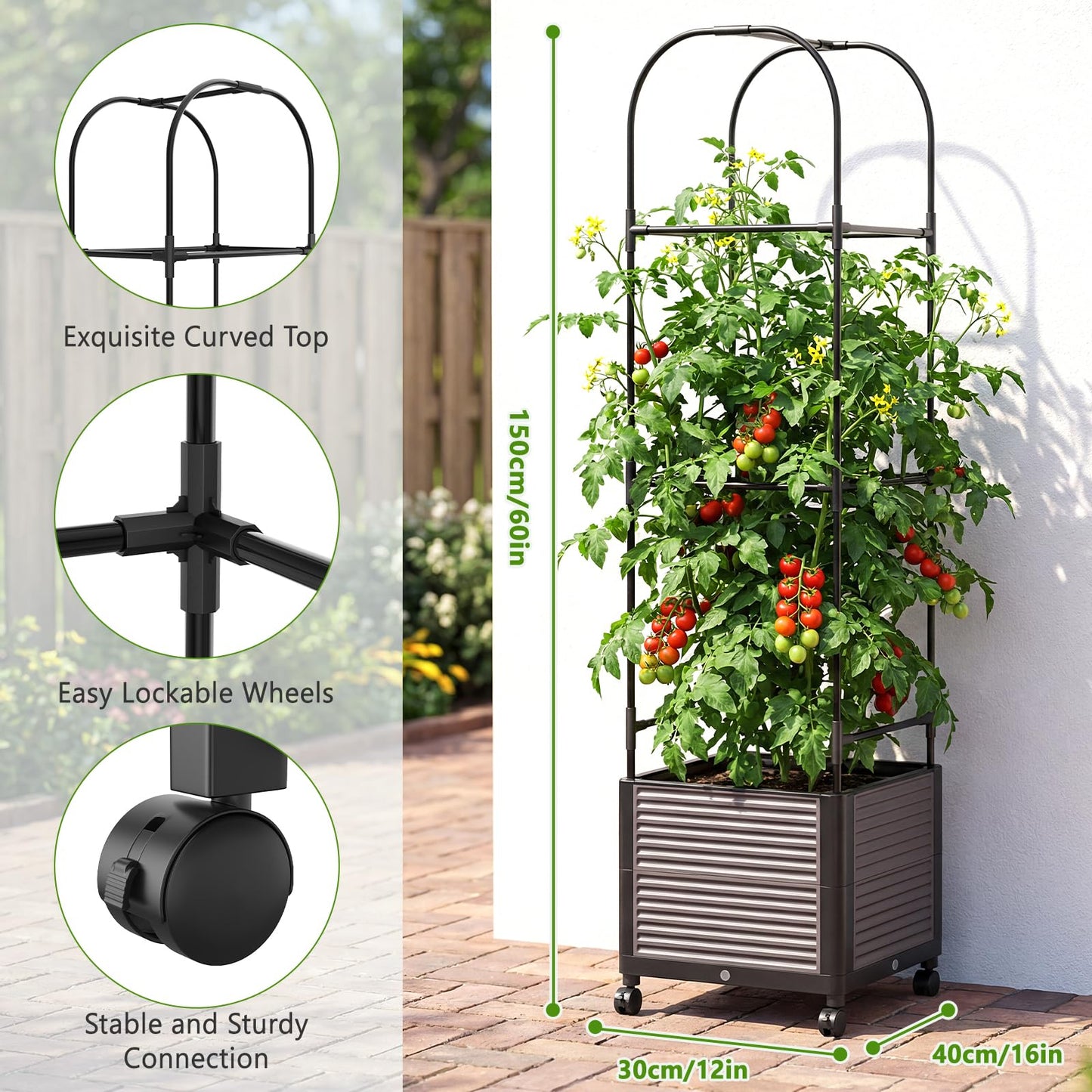 DoCred 60" H Raised Garden Bed Planter Box with Wheels, 3 Pack Tomato Cage Planter Raised Garden Bed with Trellis for Climbing Vegetables Plants Tomato Cage, Indoor Outdoor Use
