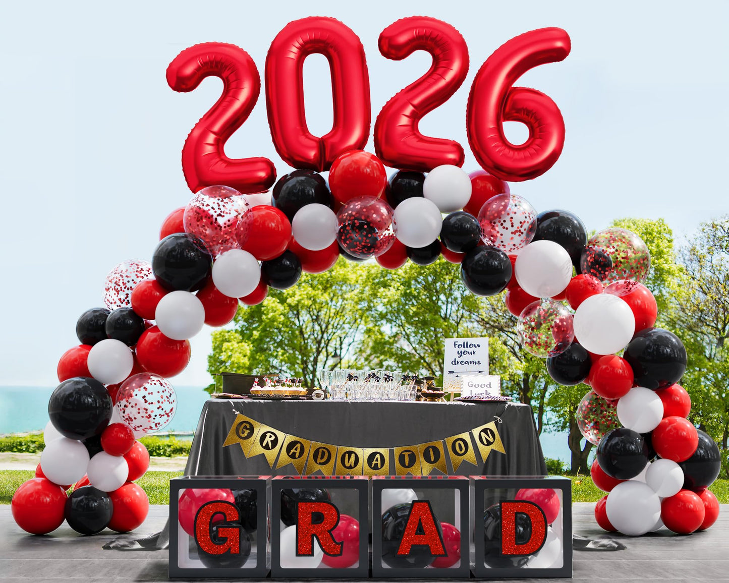Ecomore Graduation Party Decorations Class of 2026 - 86 PCS Grad Party Supplies Includes LED Light Strings Balloon Block Boxes with Letters Foil Curtains Backdrop 2026 Balloon Garland Kit - Black Red